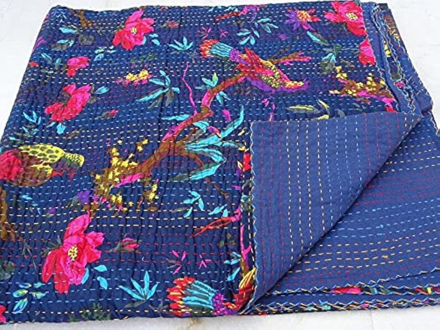 Handmade Indian Blue Bird Print Kantha Quilt - 100% Cotton Reversible Tribal Bedspread (90