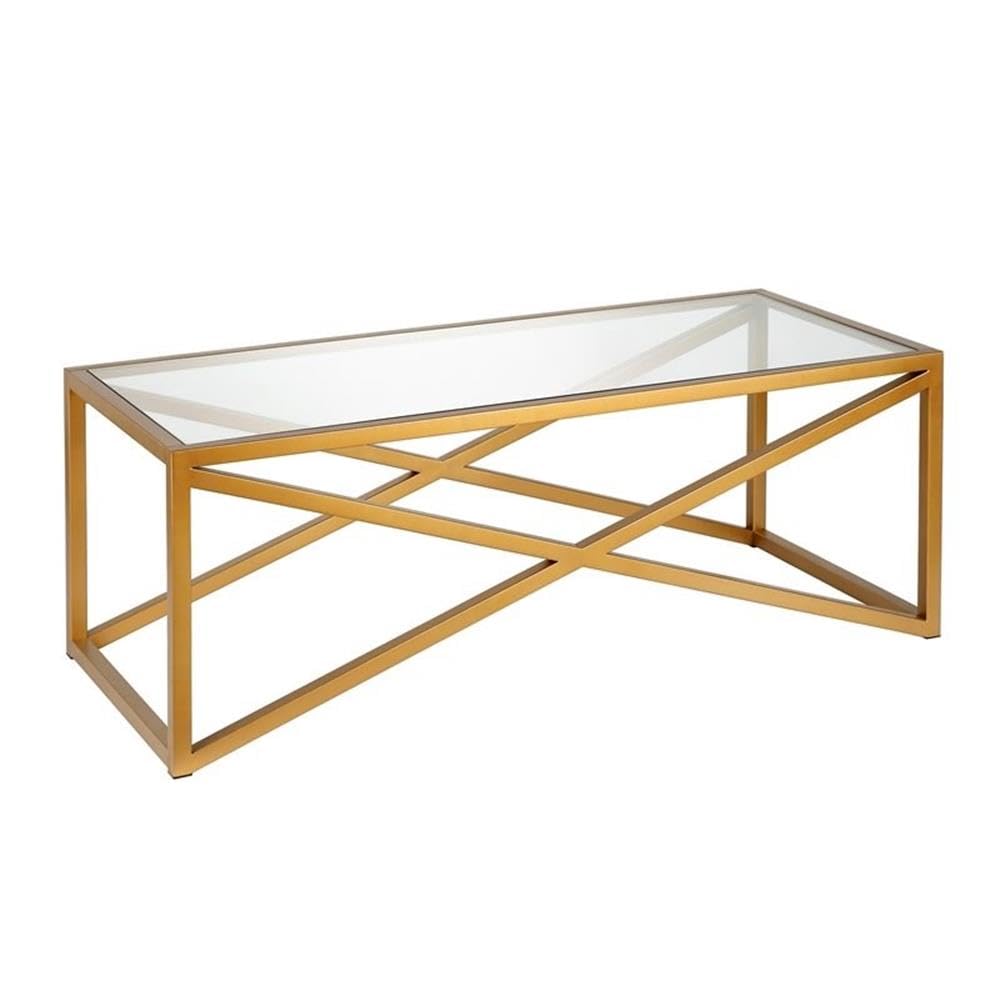 Pemberly Row Brass and Gold Rectangular Coffee Table with Tempered Glass Top - Modern Living Room Centerpiece for Home Decor