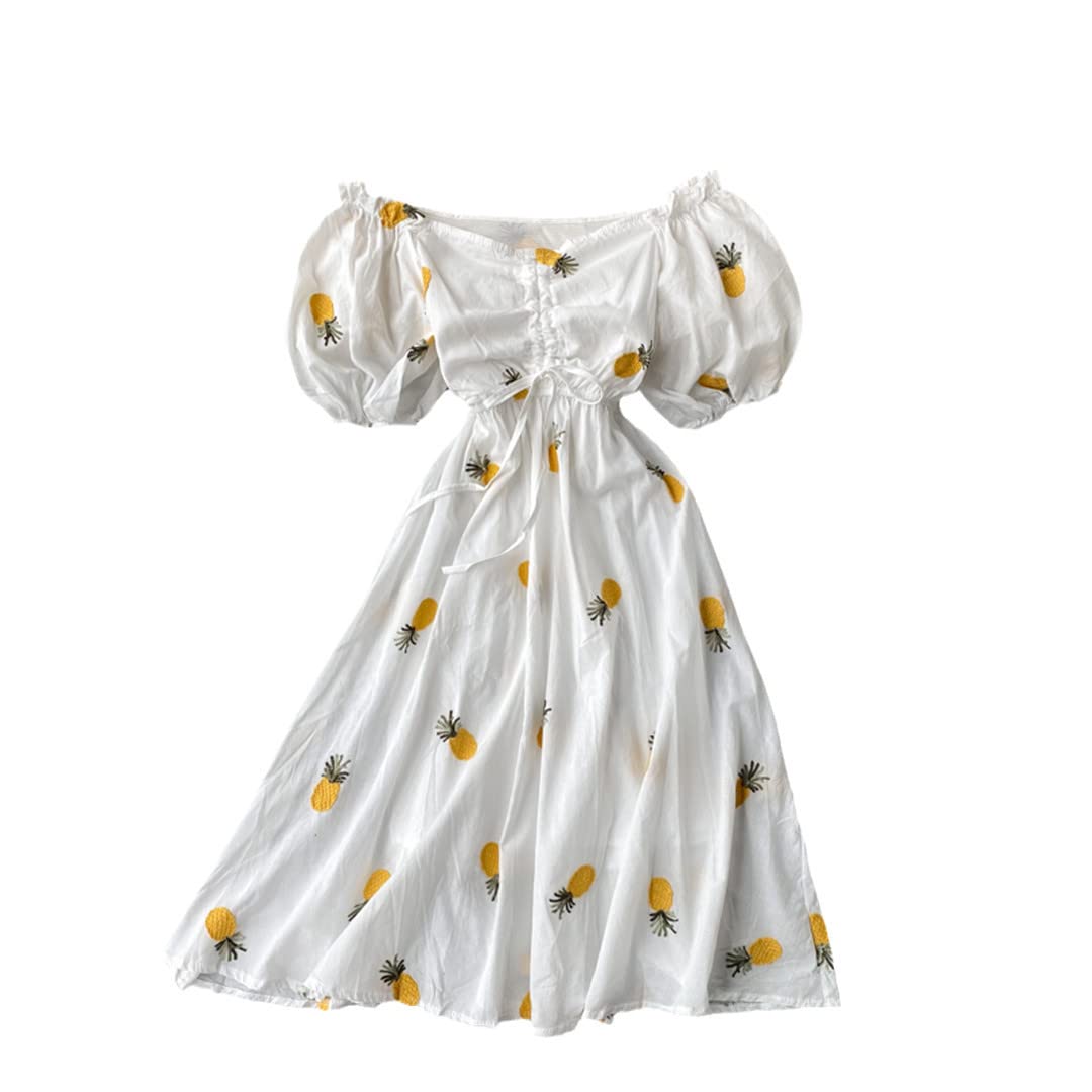 Vintage Strawberry Embroidered Puff Sleeve Dress for Women - Kawaii Cherry Print Square Neck Summer Dress (Perfect for Beach Vacations, Date Nights & Retro-Themed Parties)