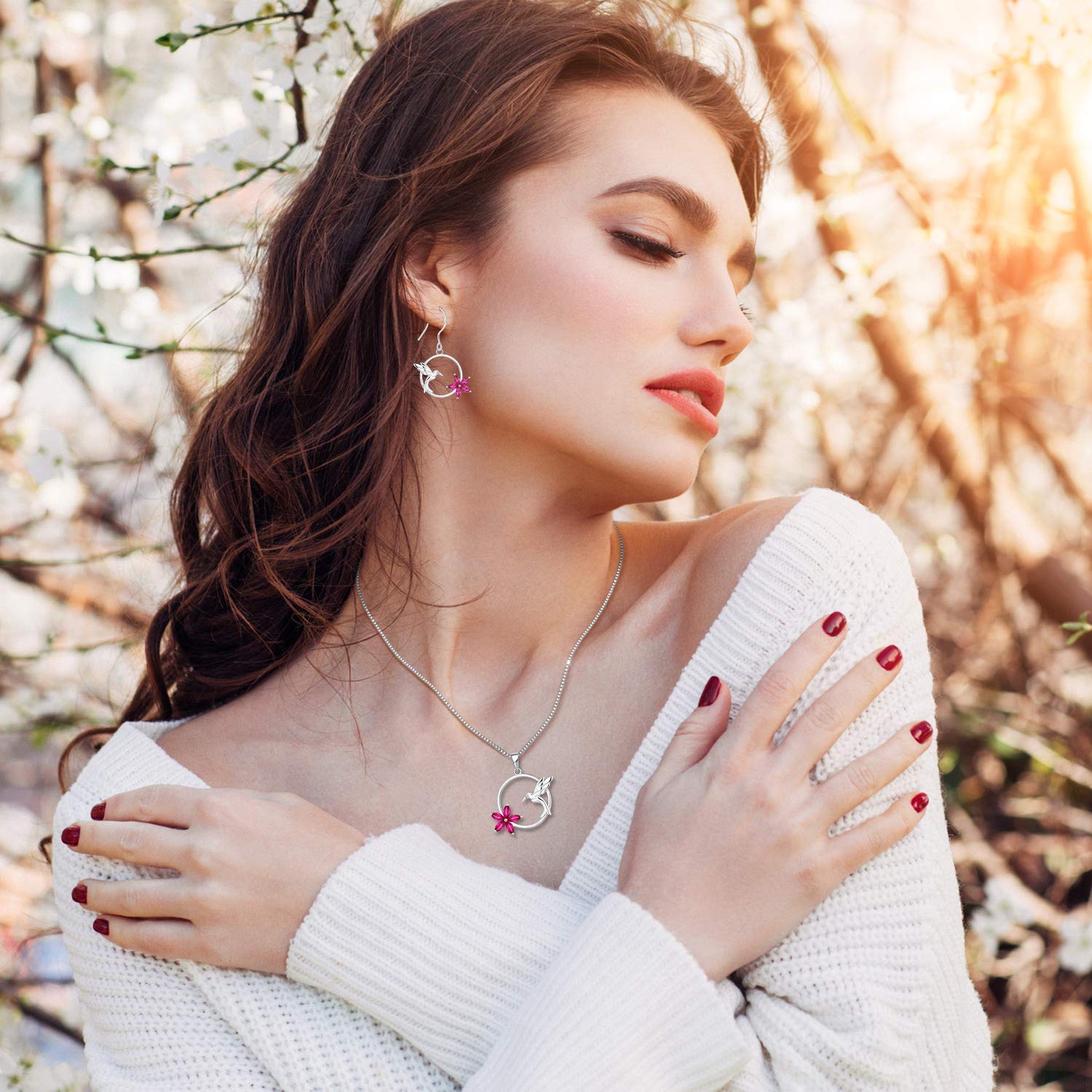 YL Sterling Silver Hummingbird Necklace with Ruby Flower Pendant & Matching Earrings Set - Elegant Jewelry Gift for Women, Perfect for Weddings, Anniversaries and Special Occasions