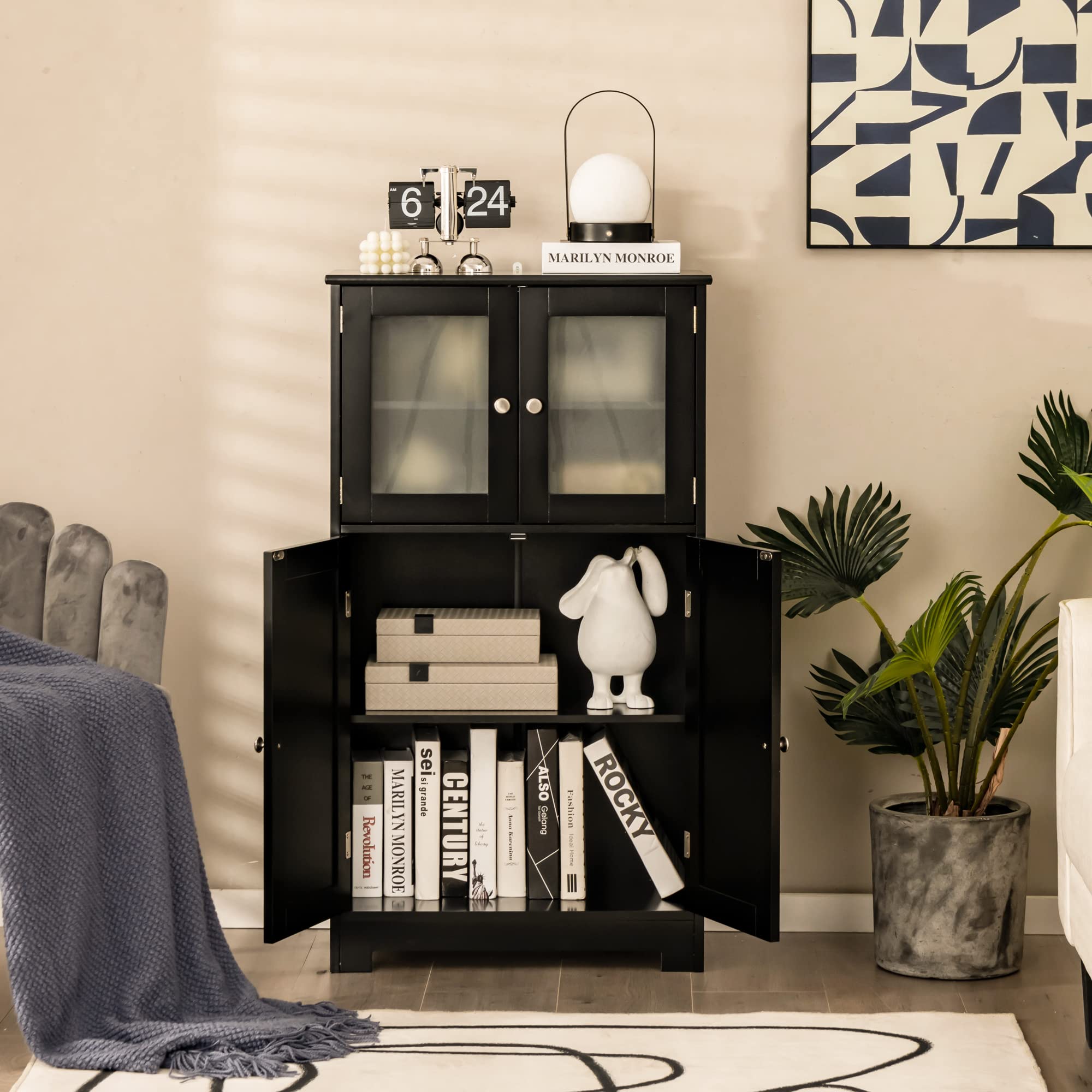 LOKO Wooden Floor Storage Cabinet with Glass Doors & Adjustable Shelf - Bathroom, Kitchen & Living Room Organizer - Perfect for Bath Essentials, Kitchen Supplies & Home Decor (Black)