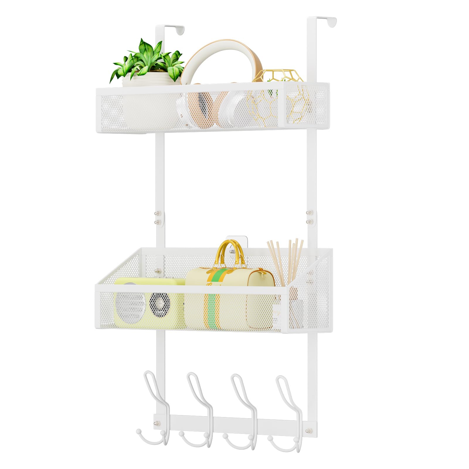 Hocookeeper Over The Door Hooks & Baskets - 12 Sturdy Hooks & 2 Durable Mesh Baskets for Bathroom, Kitchen, Bedroom Storage Organizer - Space Saving White Door Hanger for Towels, Robes, Keys & Small Items