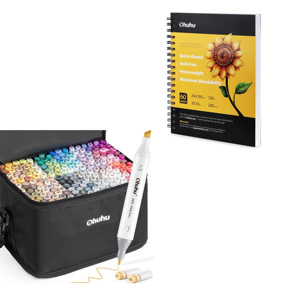 Ohuhu Alcohol Markers 120 Colors Dual Tip Art Markers Set with 2 Sketchbooks (8.3