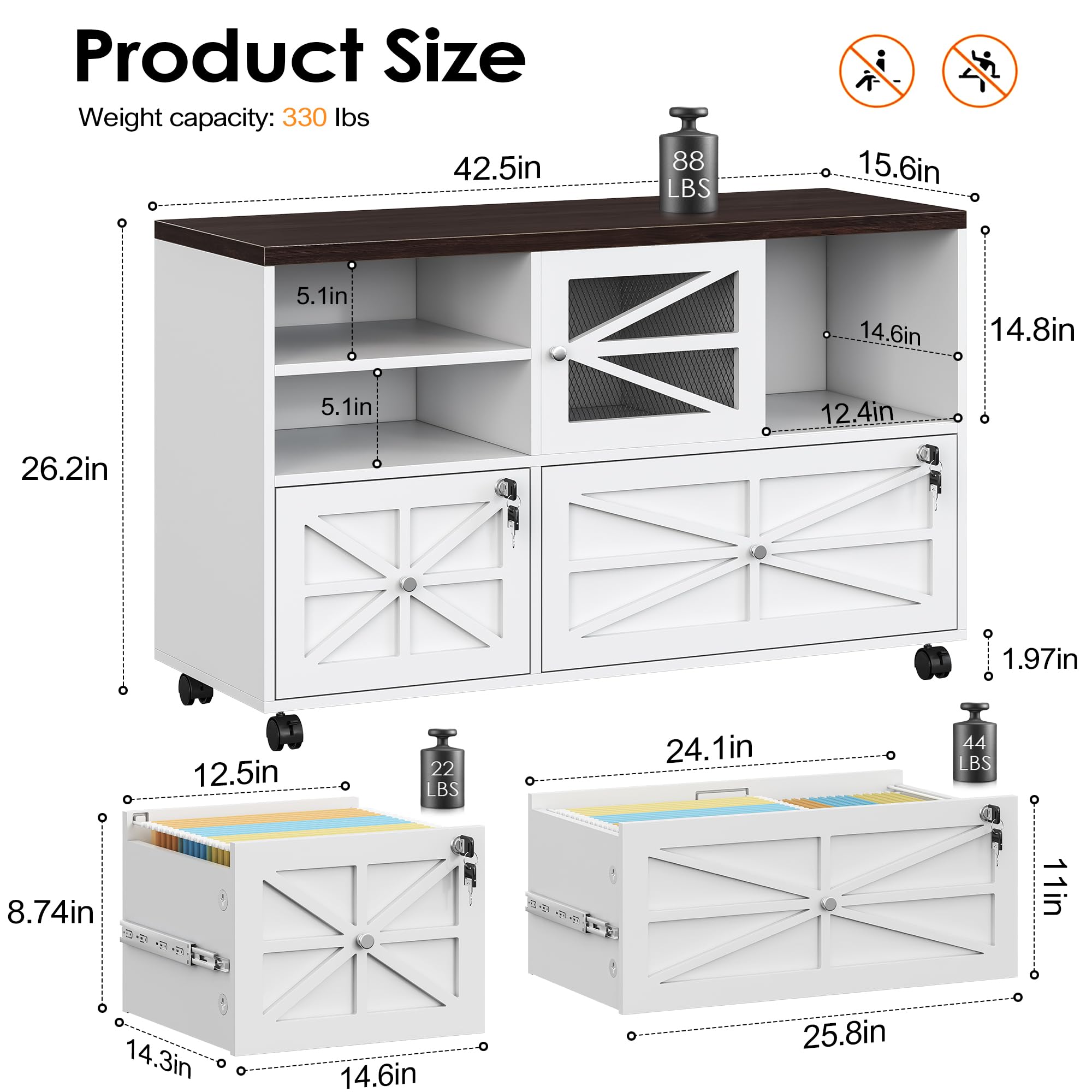 2-Drawer Locking File Cabinet with Wheels - Adjustable Shelf for Letter, Legal, F4 & A4 Files - Home Office Storage Solution for Documents & Supplies (White & Brown) - Perfect for Small Spaces & Shared Workspaces