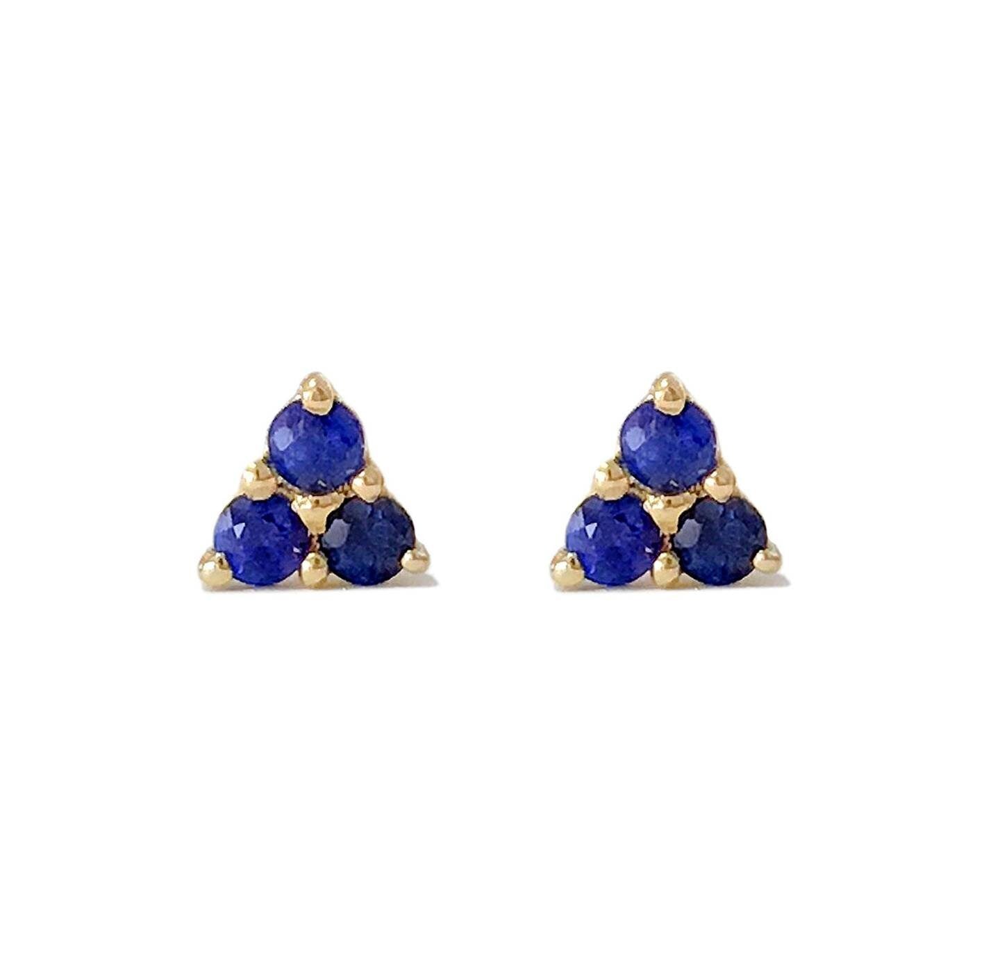Genuine 2mm & 5mm Round Triple Blue Sapphire Stud Earrings in Solid Sterling Silver or 14K Gold | Trinity Cluster Fine Jewelry for Women | Perfect for Weddings, Parties & Everyday Wear