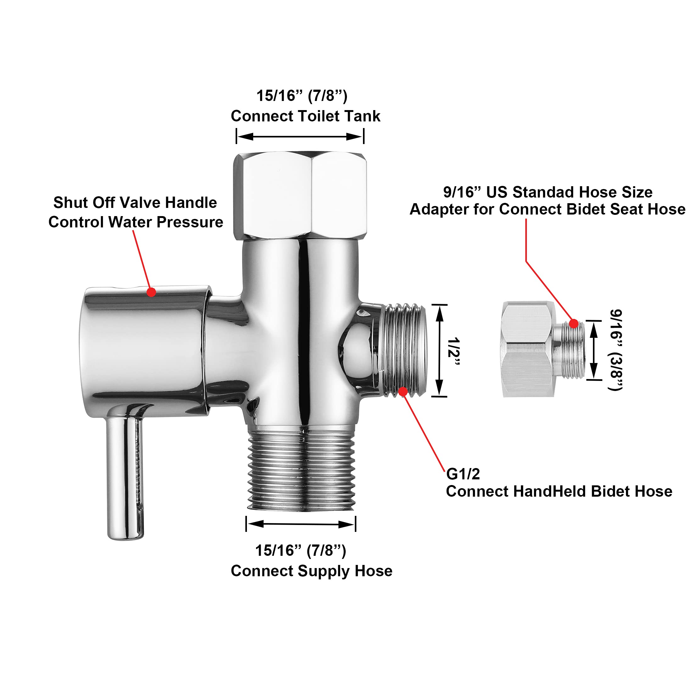 Premium Chrome Bidet T Valve Adapter 7/8