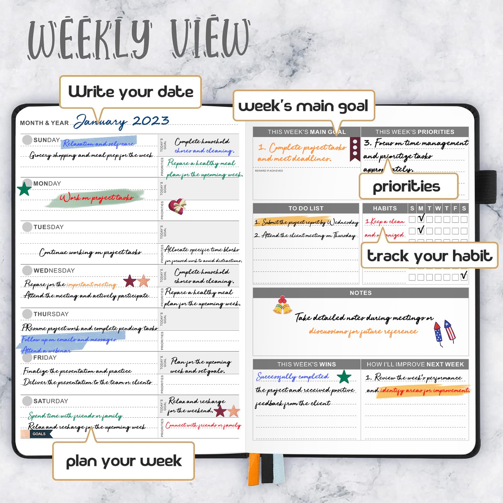JUBTIC Undated Weekly & Monthly Planner - A5 Productivity Notebook with Stickers, To-Do List, Calendar for Time Management & Organization | Perfect for Work, School, Home Office & Daily Planning (Black) 2025