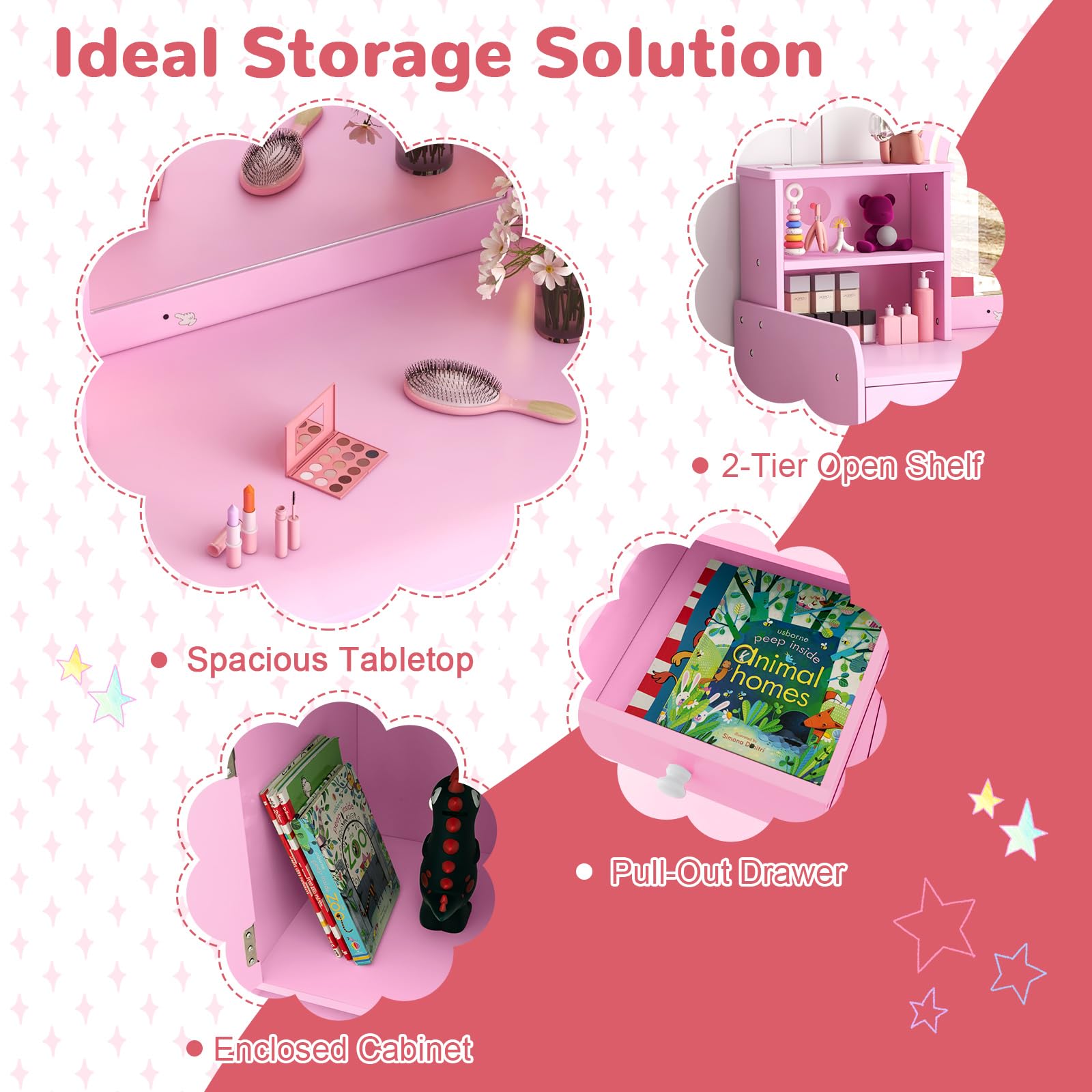 HONEY JOY Pink Wooden Kids Vanity Set with Lights, Mirror & Stool - Princess Makeup Dressing Table with Storage Cabinet for Girls - Pretend Play, Birthday Gift & Bedroom Decor (Pink)