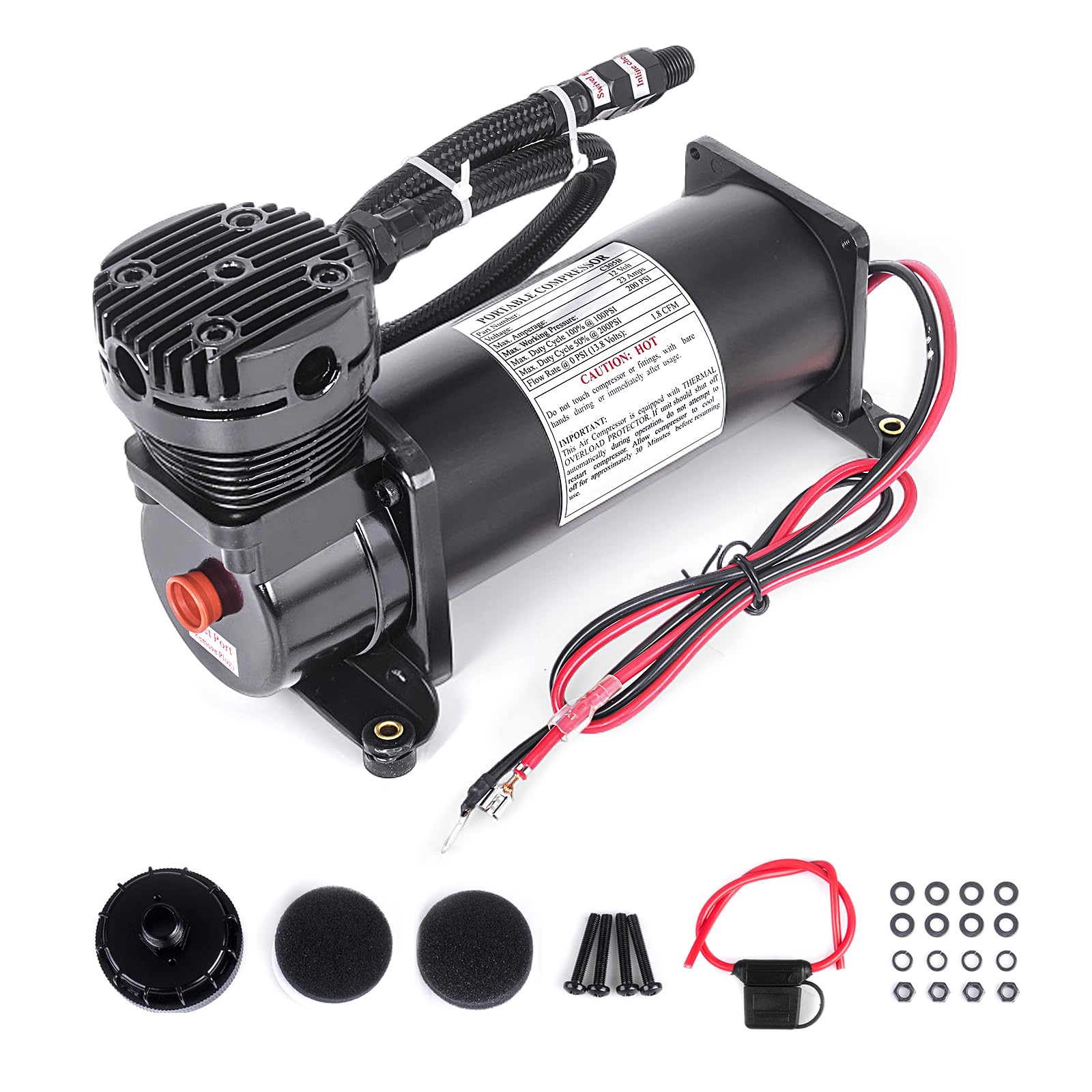 200PSI 1/4 NPT Heavy Duty 12V Air Compressor for Train Horn & Air Ride Suspension - Perfect for Trucks, Cars & Vehicles (Black) - Ideal for Off-Roading, Towing & Custom Automotive Upgrades
