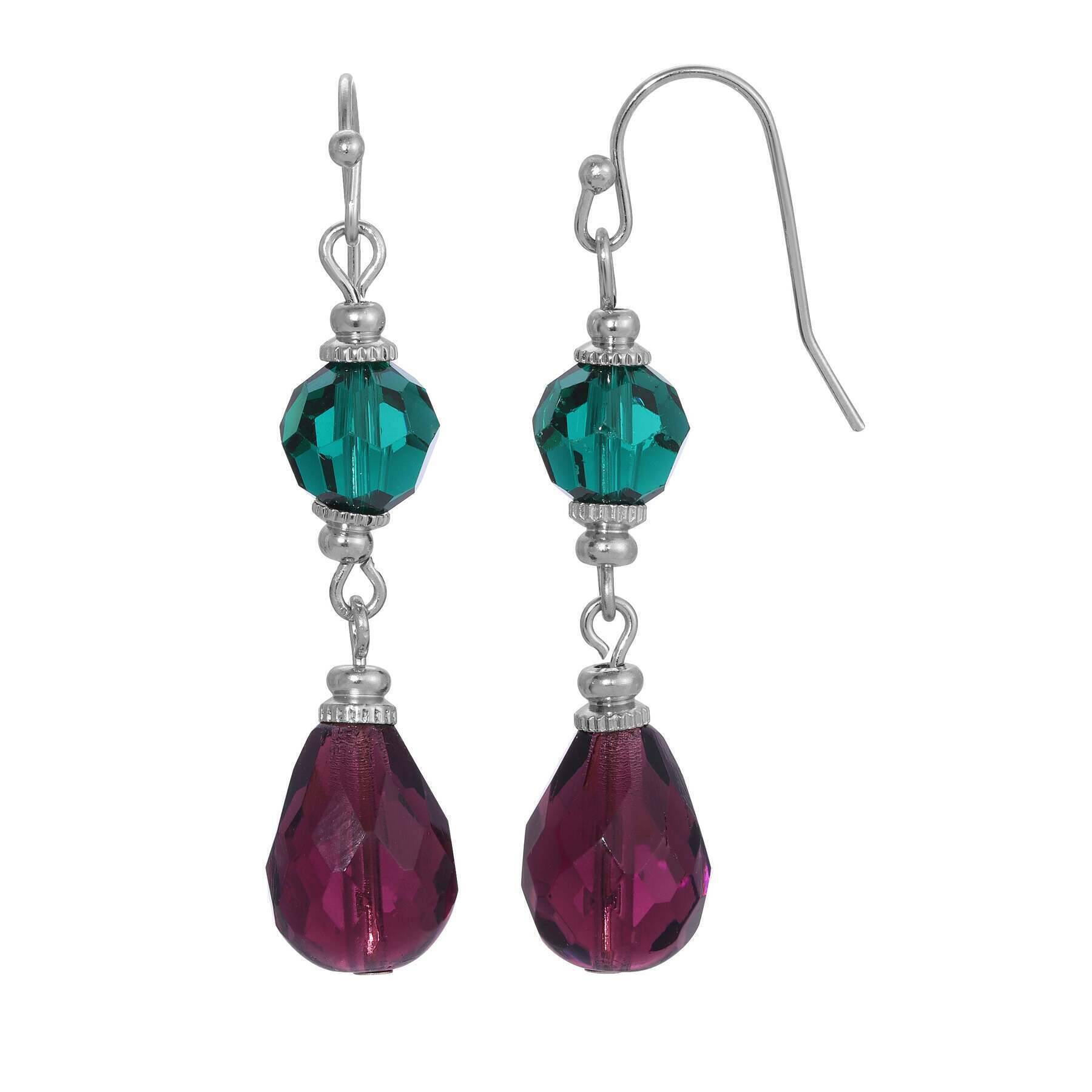 1928 Jewelry Monarch Emerald & Amethyst Crystal Drop Earrings for Women - Vintage Dangle Earrings for Party, Wedding & Evening Wear