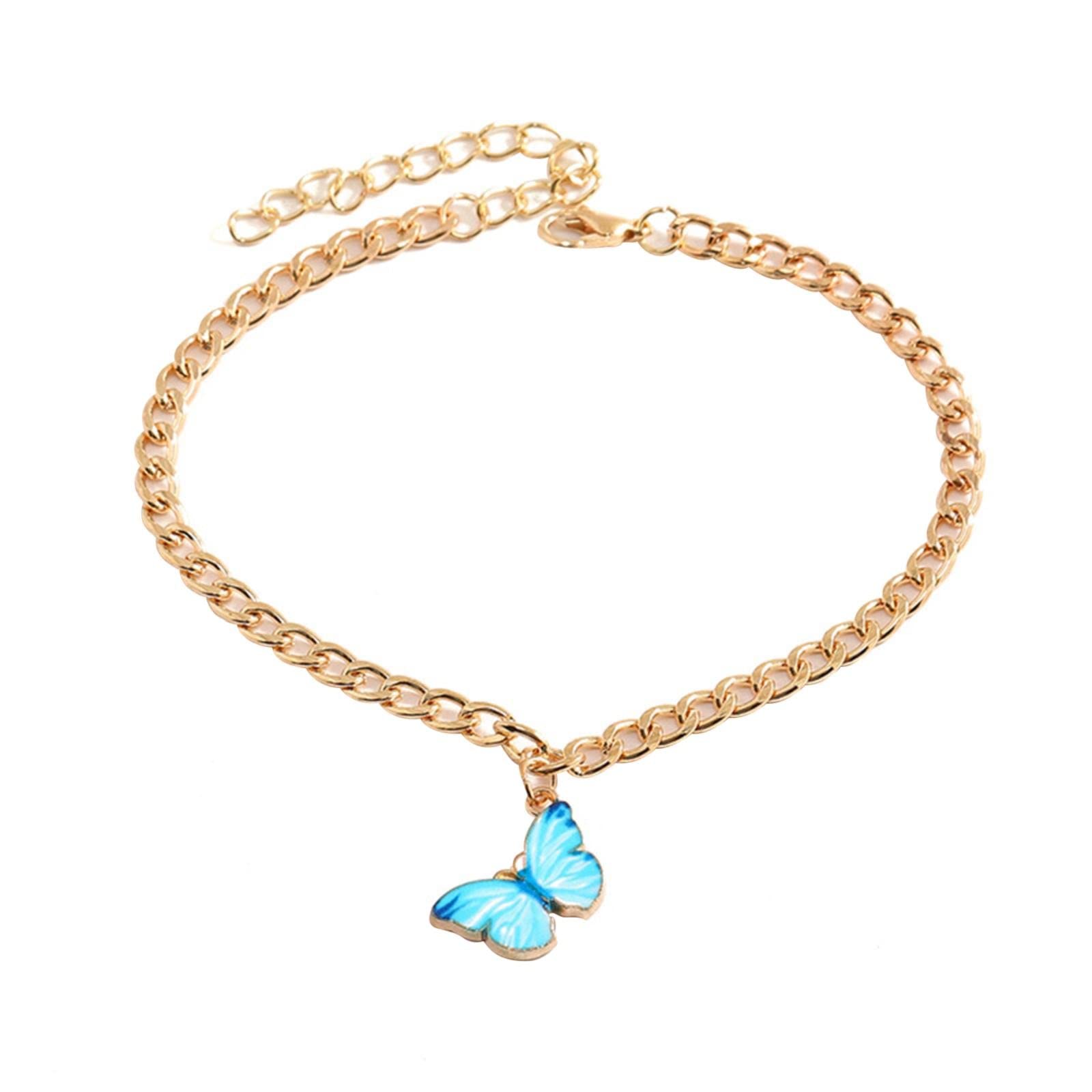 Lomhmn Matching Rings Set - Fashionable Dripping Oil Butterfly Pendant Gold Chain Anklet for Women (#0316-2-Sky Blue, One Size) - Perfect for Date Night, Anniversary Gifts & Boho Style Accessories