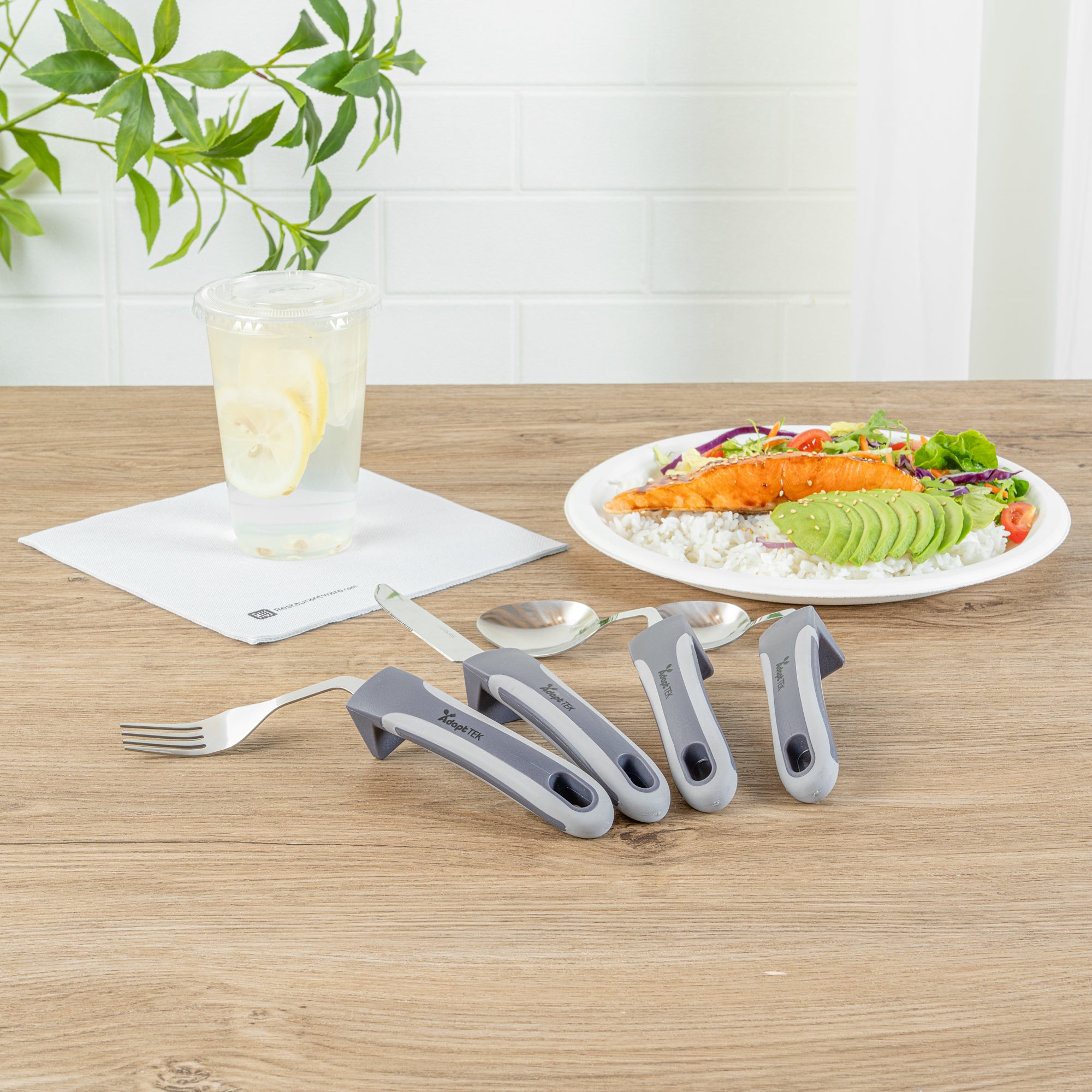 Adapt Tek Gray Stainless Steel 4-Piece Adaptive Offset Utensil Set for Right-Handed Users - Lightweight, Non-Slip Grip - Perfect for Arthritis & Limited Mobility (1 Count Box) - Ideal for Cooking, Baking & Everyday Kitchen Tasks