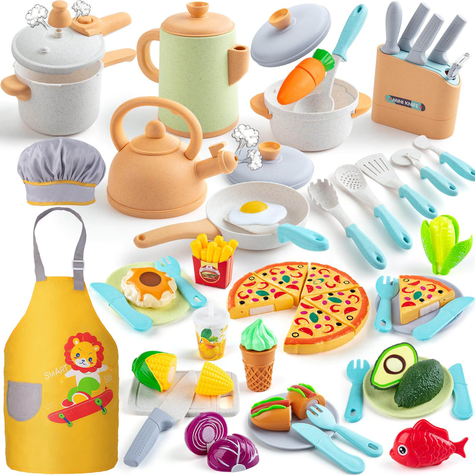 Sundaymot Kids Play Kitchen Accessories Set - Pretend Cooking Toys with Pots, Pans, Apron & Dishes | Educational Learning Toys for Toddlers & Preschoolers | Perfect Birthday Gift for Boys & Girls | Great for Role Play & Early Childhood Development