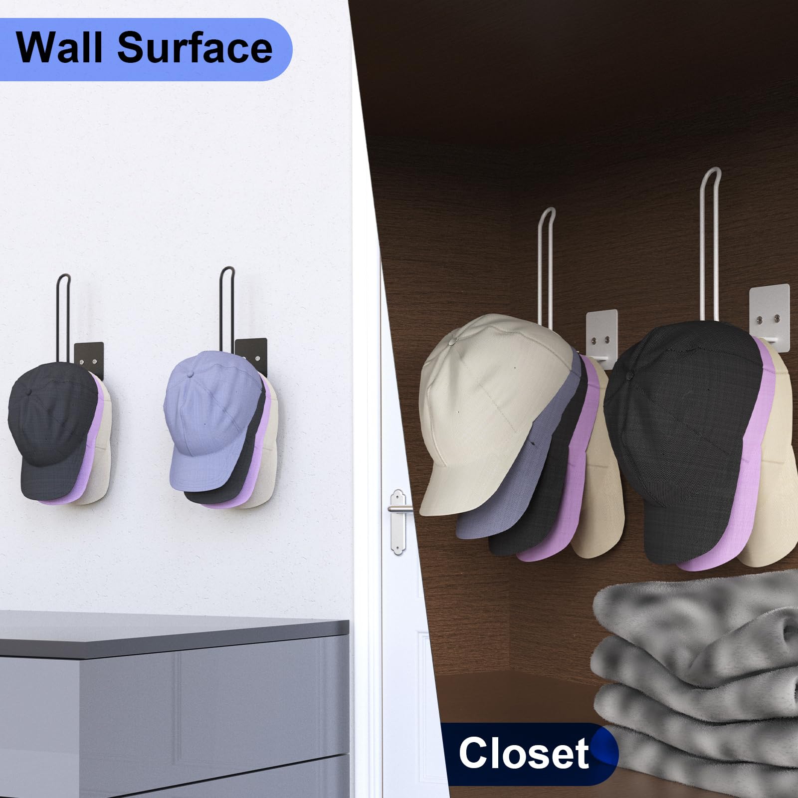 2 Pack Baseball Cap Hat Rack Organizer - Strong Adhesive & Wall Mountable Hat Holder for Door, Bedroom, Closet Storage - Perfect for Organizing Baseball Caps, Hats & Accessories (Black)
