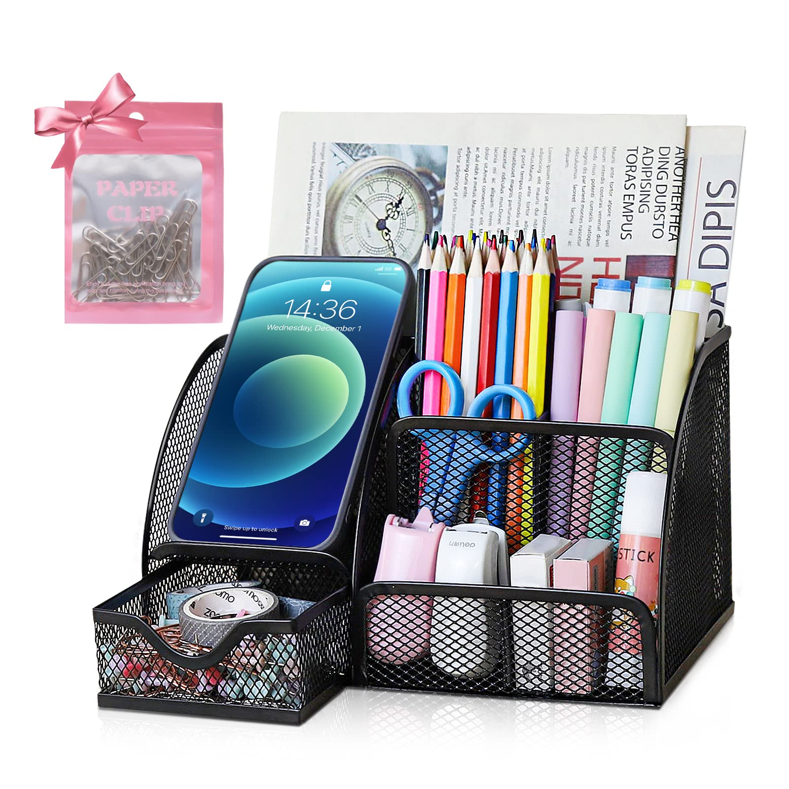 Mesh Desk Organizer with Drawer & Phone Holder - Office Supplies Accessories for Home & Office - Includes Free Paper Clips - Perfect for Desktop Organization, Makeup Storage & Workspace Decor (Medium, Black) - Ideal for Home Office, Study Desk & Beauty Vanity Organization