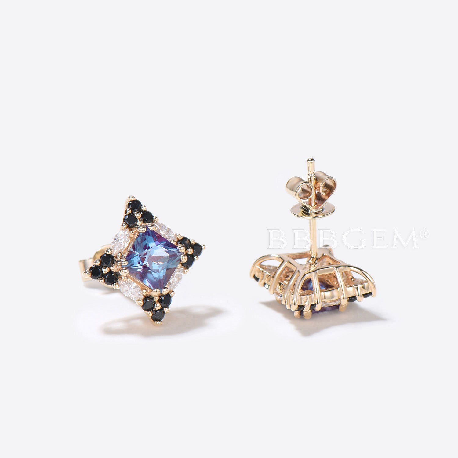Princess Cut Alexandrite Stud Earrings with Halo Moissanite - Elegant Birthstone Jewelry for Women, Perfect for Weddings, Anniversaries & Special Occasions