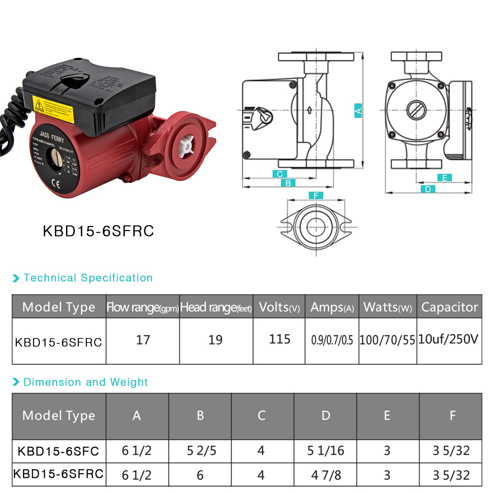 JASSFERRY 1 Inch Hot Water Recirculating Pump - 1/8 HP Cast Iron Flange Circulator for Solar Heaters & Boilers | Energy Efficient Recirculation System for Instant Hot Water in Homes & Commercial Buildings