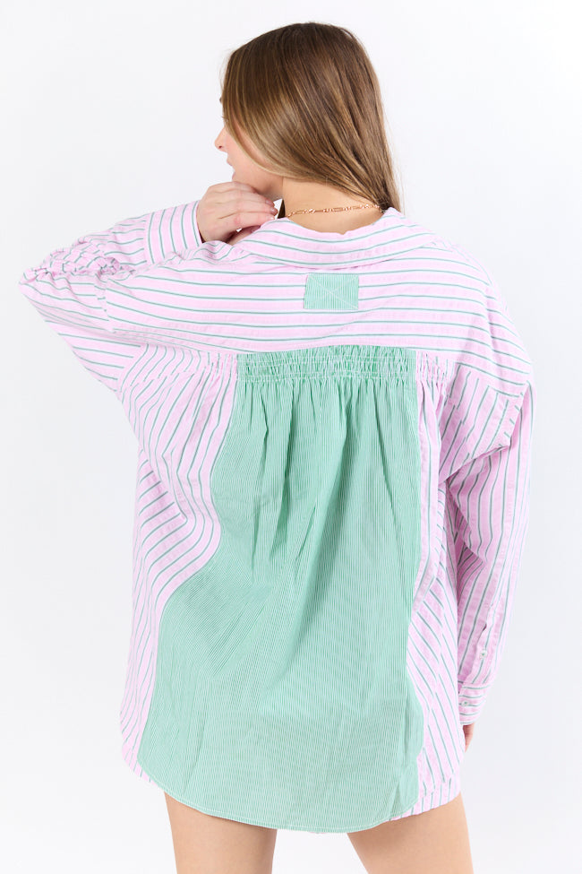 Stylish Light Pink & Green Multi-Stripe Button Down Shirt for Women | Casual & Office Wear | Summer Beach Outfits & Vacation Essentials