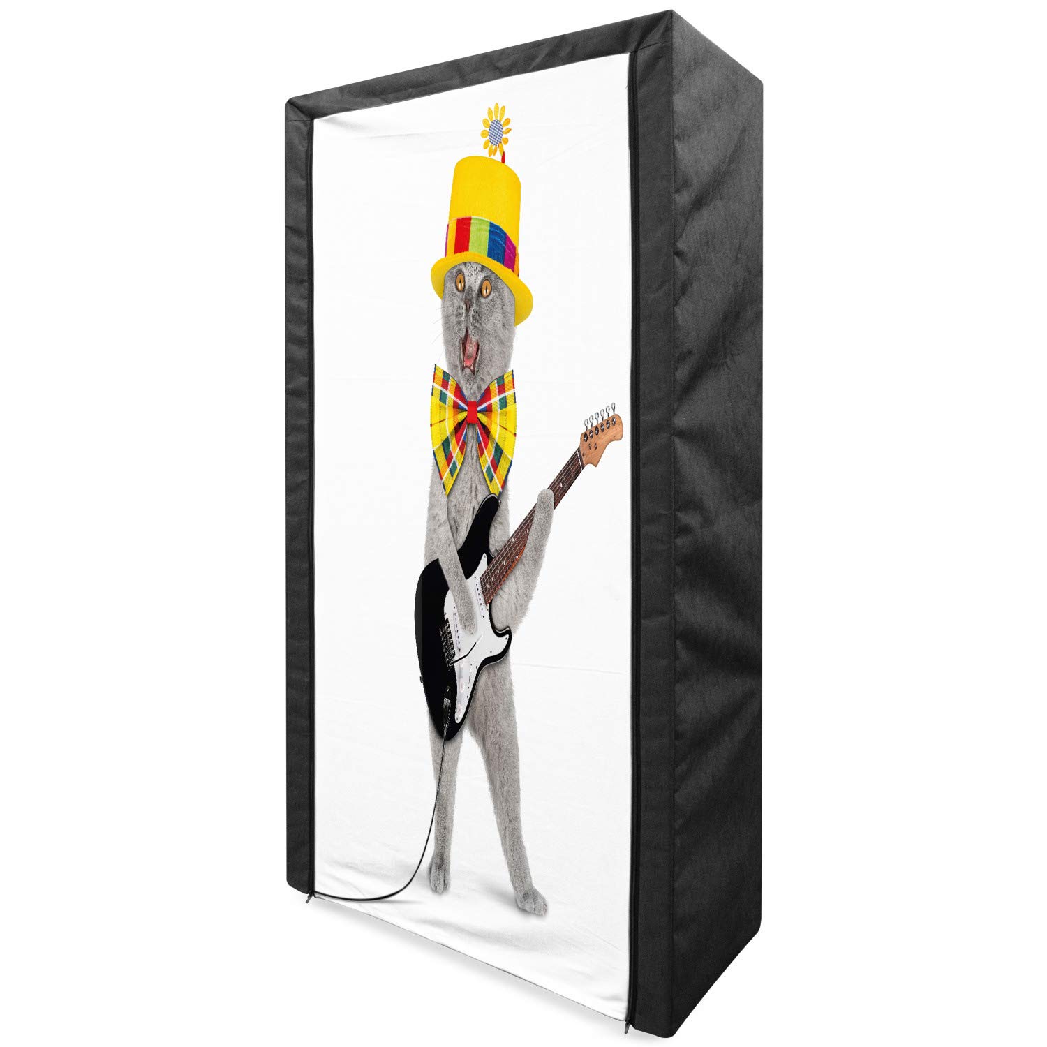 Ambesonne Cat Fabric Wardrobe - Portable Clothing Organizer with Shelves, 33.5 Inch Multicolor Storage Closet | Fun Hipster Musician Kitty Playing Guitar Design | Perfect for Bedroom, Dorm, Apartment & Small Space Organization