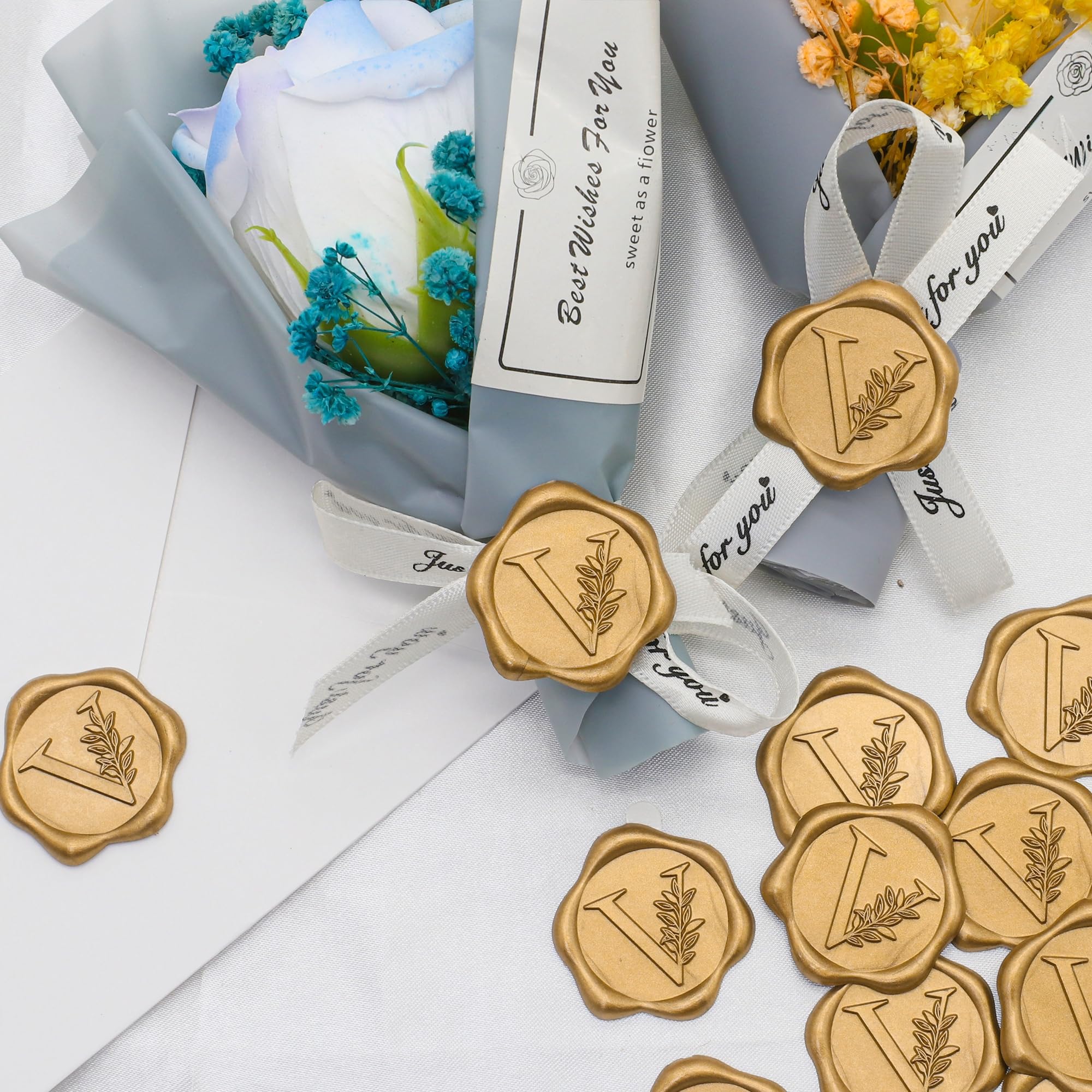 SWANGSA 50 Gold Wax Seal Stickers - Botanical Leaves Initial V for Wedding Invitations & Envelopes