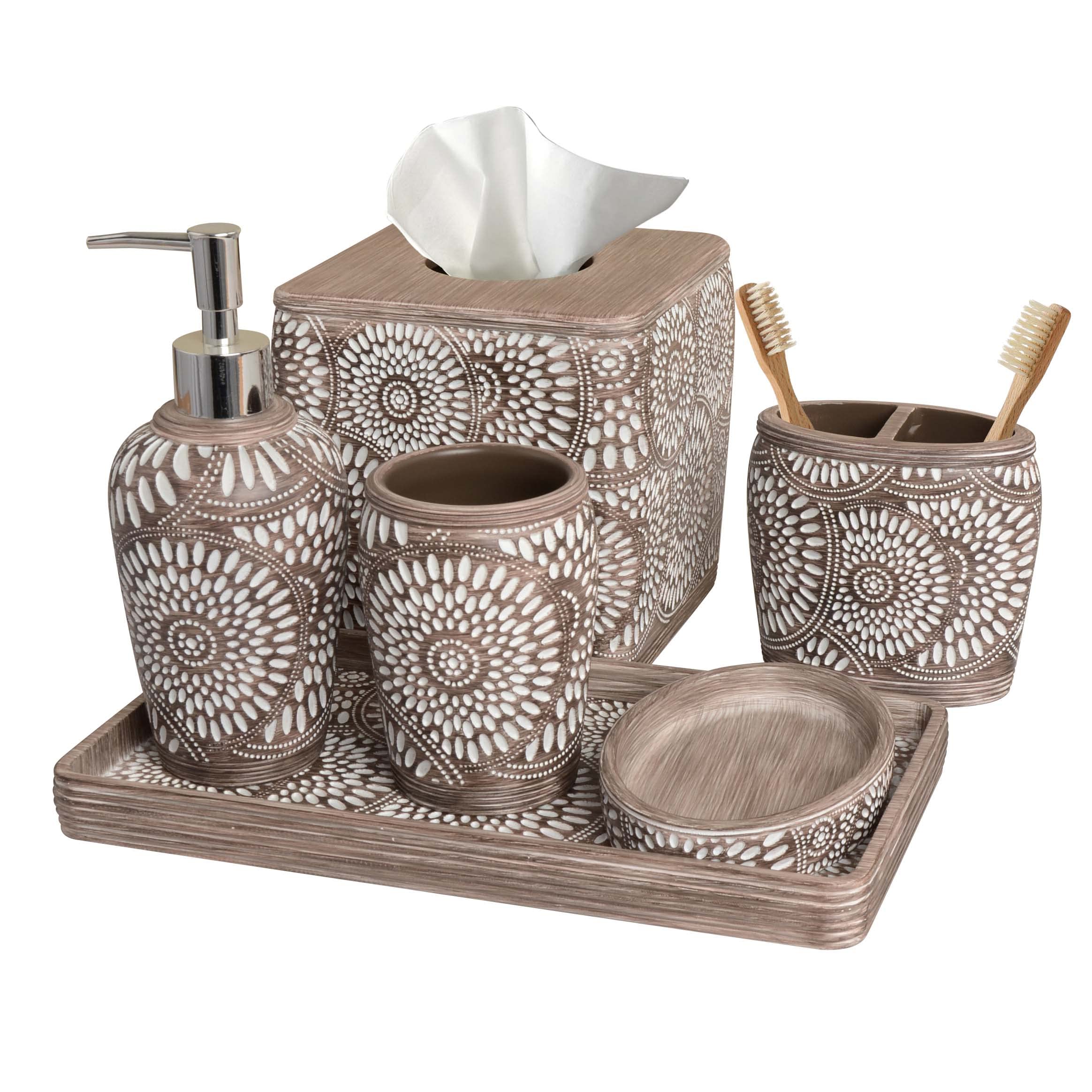 6-Piece Modern Bathroom Accessories Set - Soap Dispenser, Toothbrush Holder, Soap Dish, Tumbler, Vanity Tray & Tissue Box - Brown & White Countertop Decor for Housewarming Gifts & Bathroom Organization