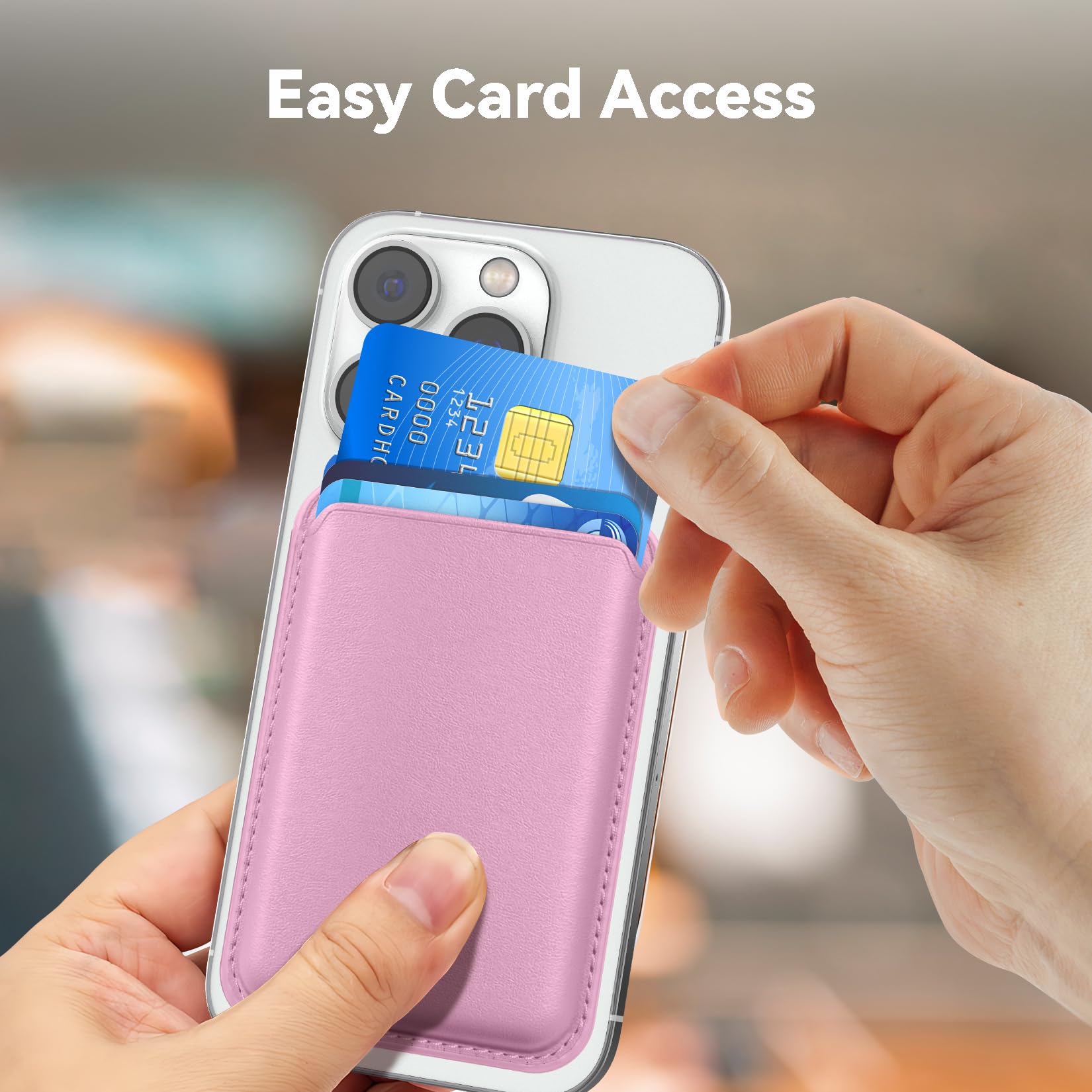 Magnetic Wallet for iPhone 15/14/13/12 Pro/Max - RFID Blocking Leather Card Holder with Strong MagSafe Sticker - Pink | Slim Phone Case Accessory for Everyday Carry, Travel & Contactless Payments