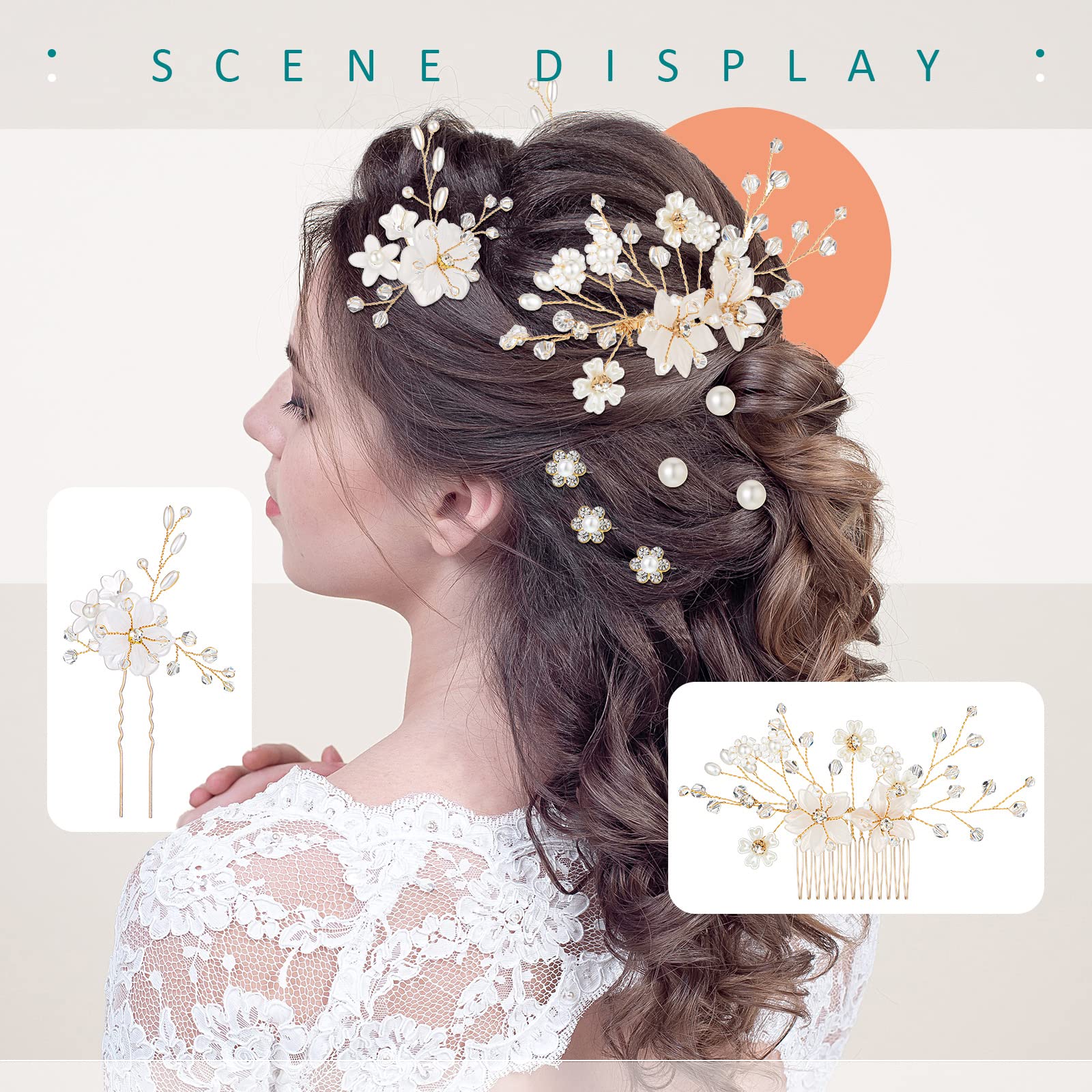 40Pcs Gold & White Floral Hair Clips for Brides - U-Shaped Pearl Crystal Rhinestone Pins, Rose Glitter Headpieces for Women & Girls - Perfect for Weddings, Prom, Parties & Special Occasions