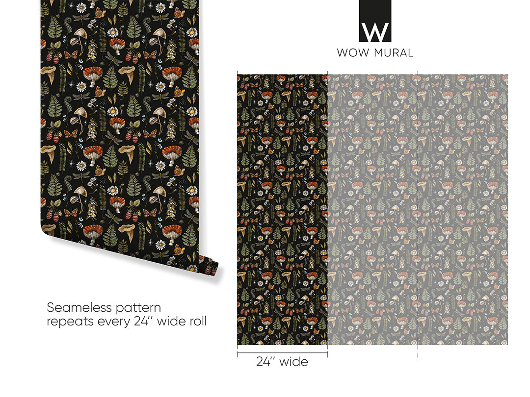 Dark Mushroom & Plants Wallpaper W146 - Botanical Themed Wall Decor for Living Room, Bedroom, or Office