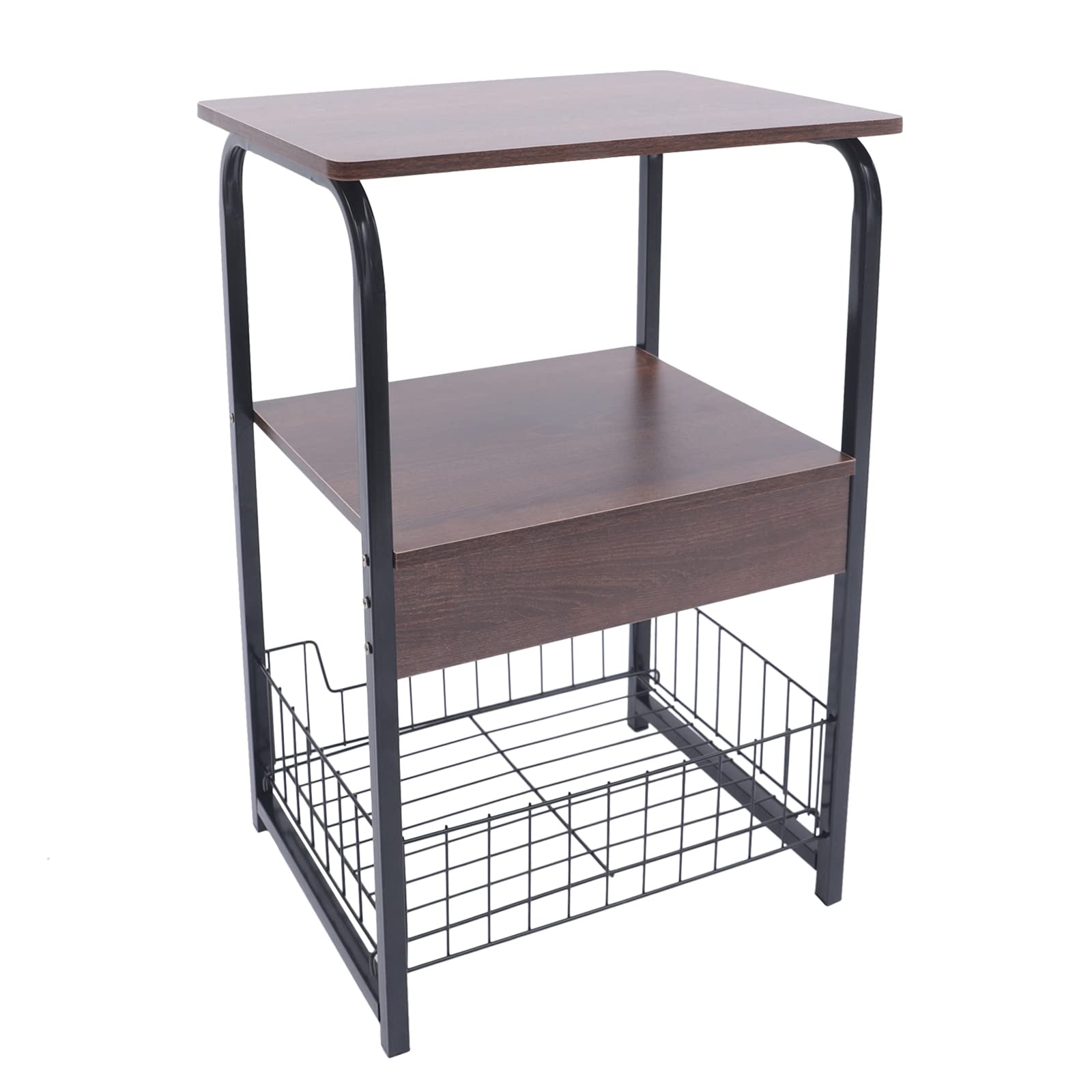 Vintage Industrial Nightstand - 24 Inch Tall Side Table with Large Storage Rack, Stable Metal Frame & Wooden Top for Bedroom, Living Room, or Office (Black+Brown) - Perfect for Small Spaces, Apartment Decor & Modern Farmhouse Style