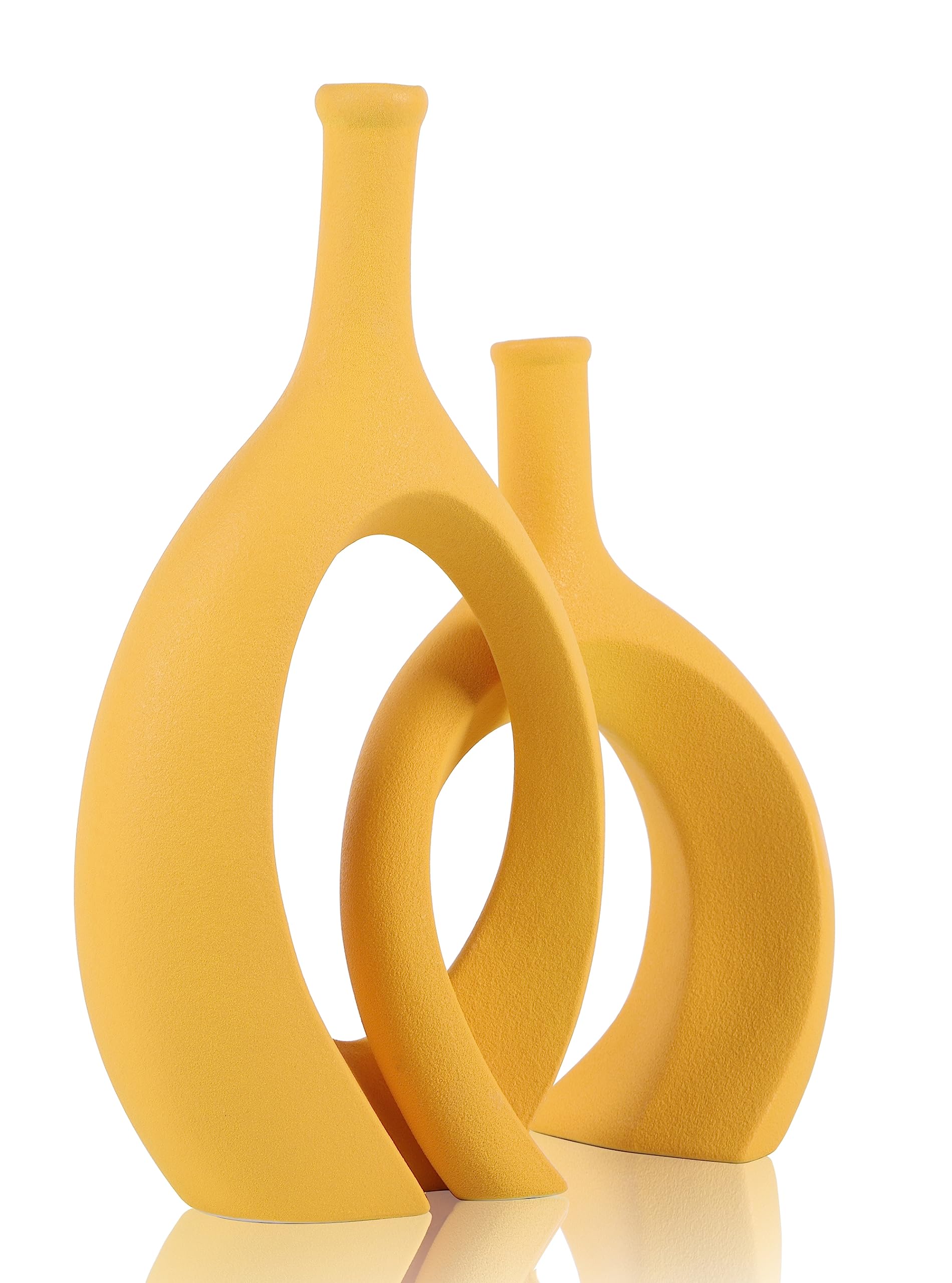 Mustard Yellow Ceramic Vase - Round Hollow Boho Home Decor for Pampas Grass & Flowers | Small Centerpiece Vase for Living Room, Bedroom, Coffee Table | Perfect for Boho Chic, Farmhouse & Modern Interior Design