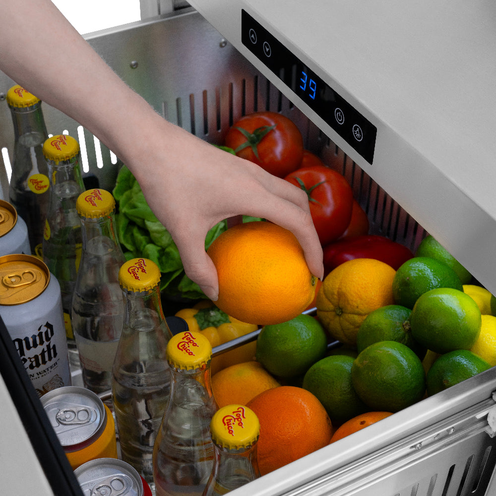 ZLINE Autograph Edition 24 Inch Stainless Steel Outdoor Refrigerator Drawer - Dual Zone 168 Can Capacity with Polished Gold Handles (RDSOZ ST 24 G) - Perfect for Outdoor Kitchens, Patios, and Entertaining Areas