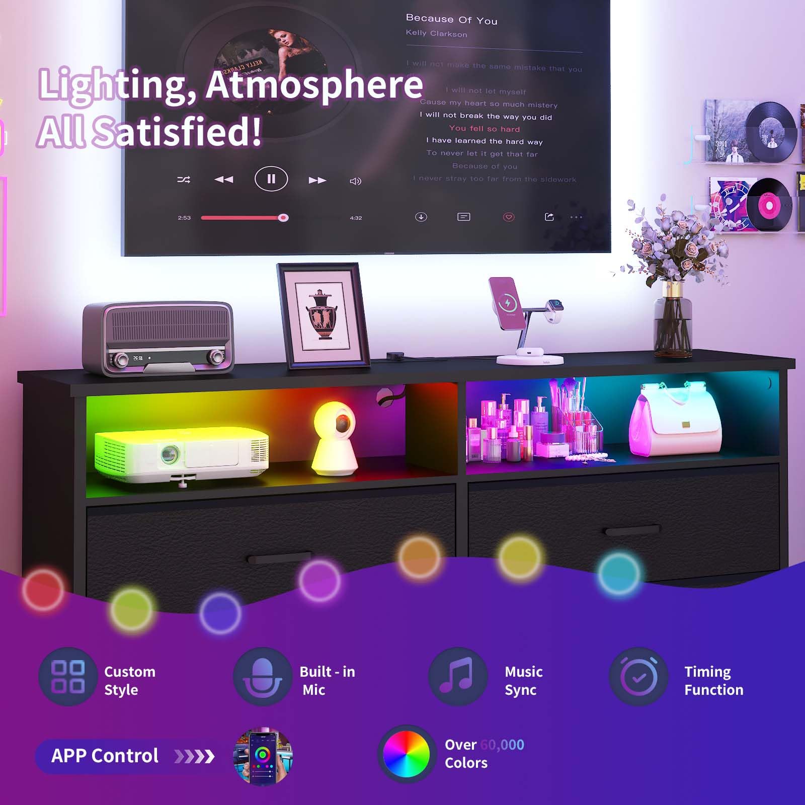 LED Fabric Dresser with Charging Station - 6 Drawer Storage for Bedroom & Living Room TV Stand