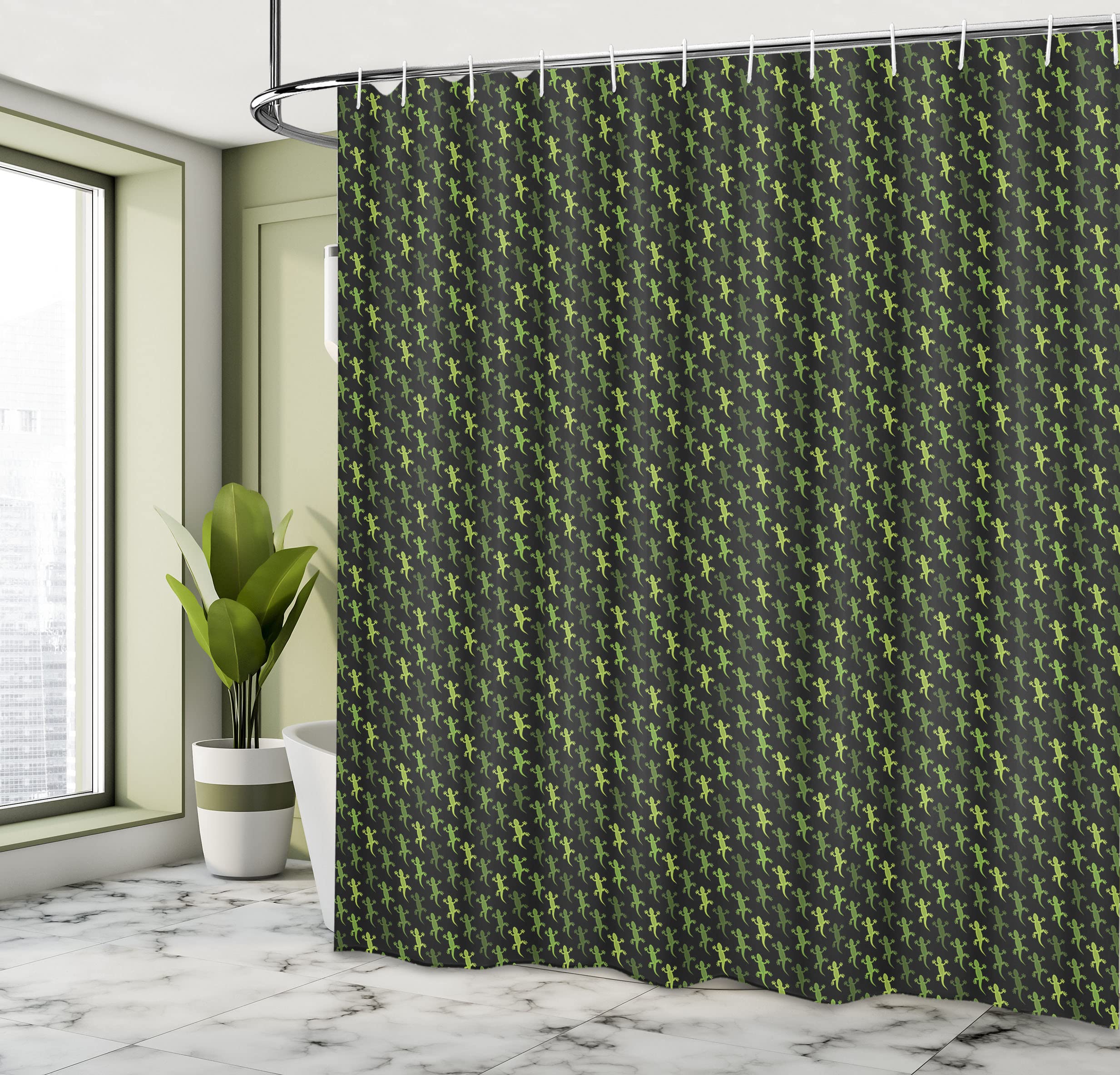 Ambesonne Salamander Shower Curtain - Waterproof Reptile Print Bathroom Decor with Hooks, 69x70 Inches, Olive Green & Charcoal Grey - Perfect for Wildlife Theme Bathrooms & Nature Lover Home Decor