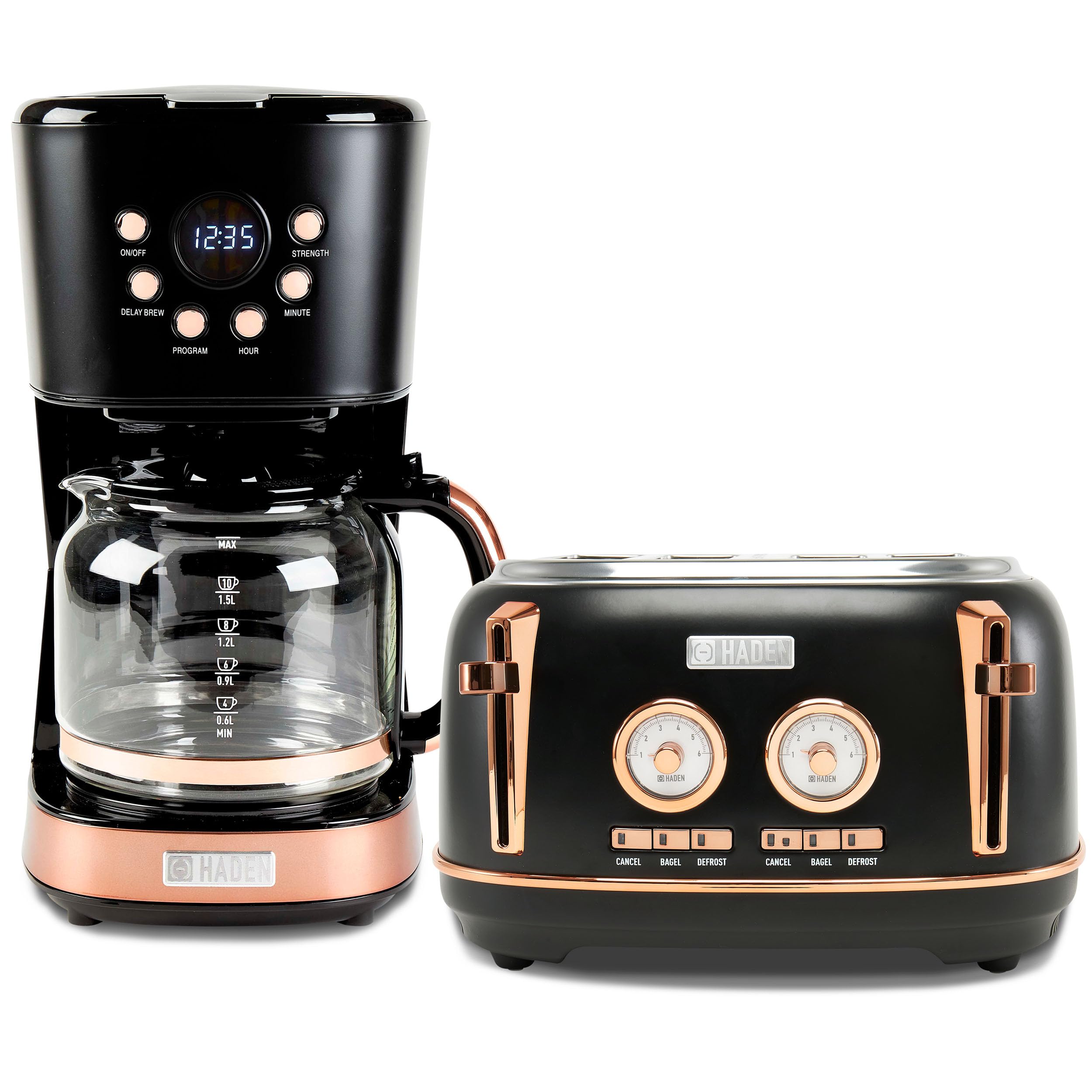 Haden Dorset 4-Slice Wide Slot Stainless Steel Toaster with 12-Cup Programmable Drip Coffee Maker Set, Black & Copper - Perfect for Breakfast, Kitchen, and Office Use