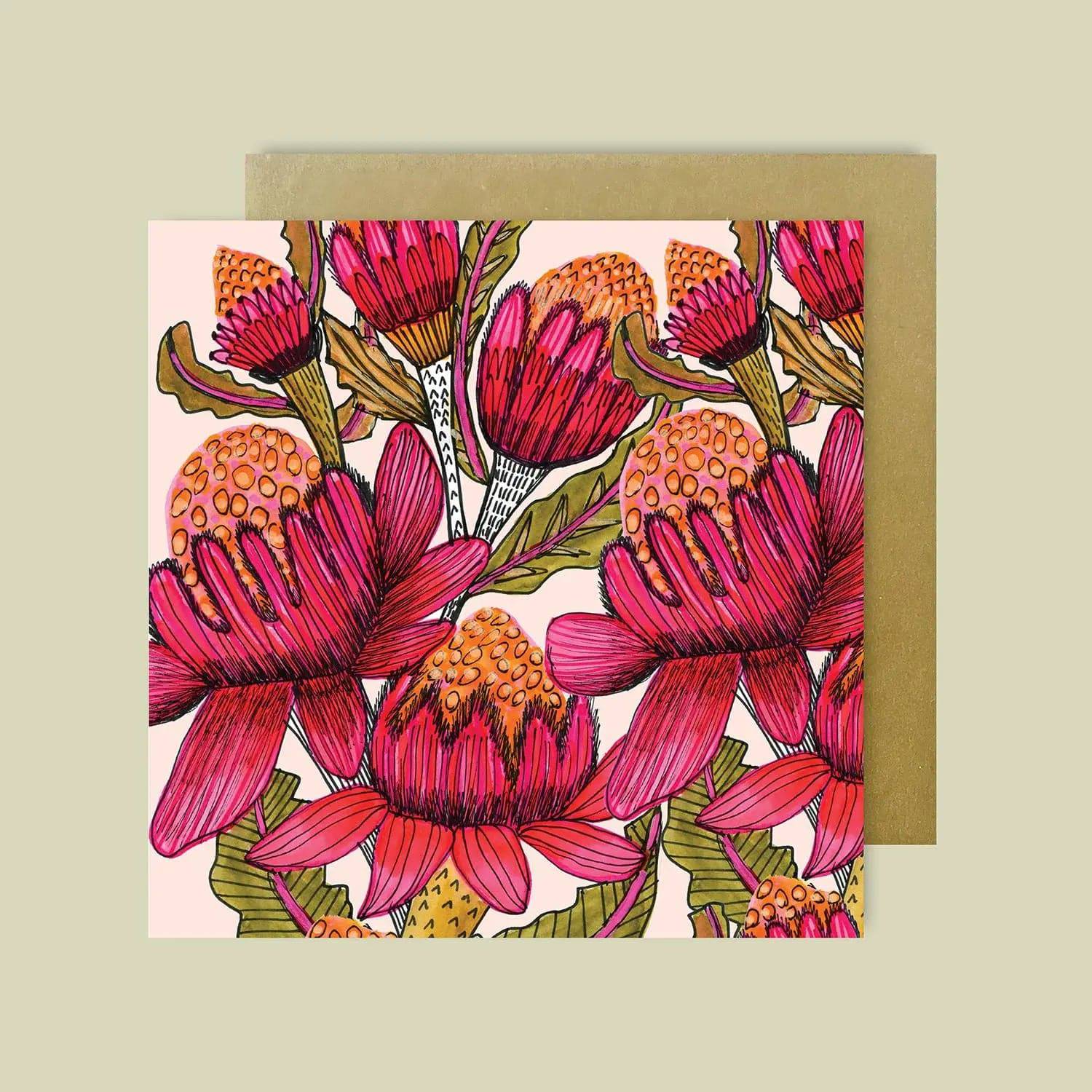 Waratah Flowers Magnetic Gift Set - Elegant Floral Fridge Magnet & Greeting Card Combo for Home Decor, Wedding, Anniversary & Birthday Gifts - Perfect for Kitchen, Office & Gift Giving
