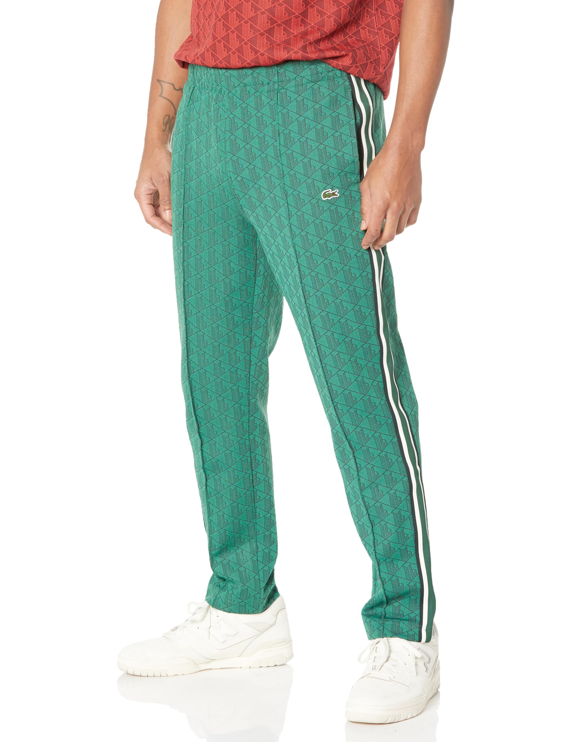 Lacoste Men's Monogram Print Pants - Casual Slim Fit Cotton Trousers for Work, Travel & Everyday Wear | Classic Crocodile Logo Design