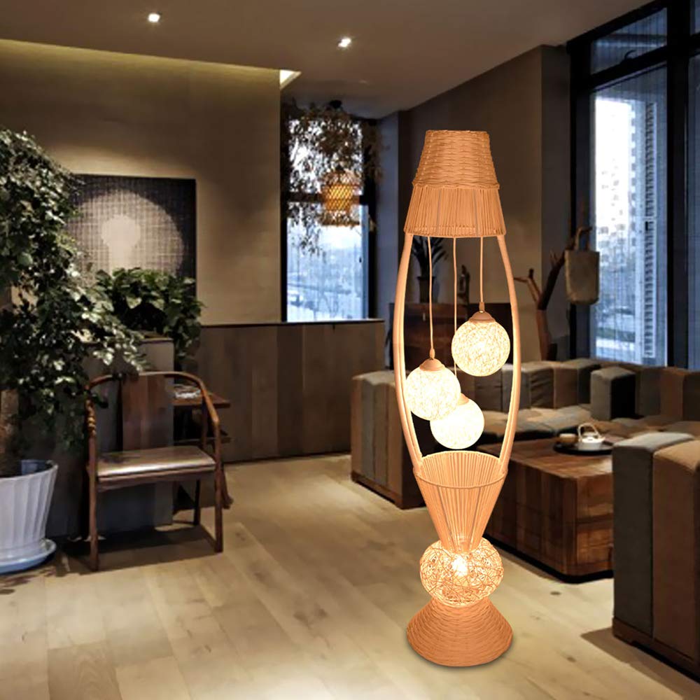 Bamboo Rattan Fish Floor Lamp - 4 Bulb Wooden Standing Light with Dangling Ball Shade, Asian Style Decorative Lighting for Living Room, Bedroom, Hotel & Restaurant | Perfect for Ambient Lighting, Home Decor & Zen Atmosphere