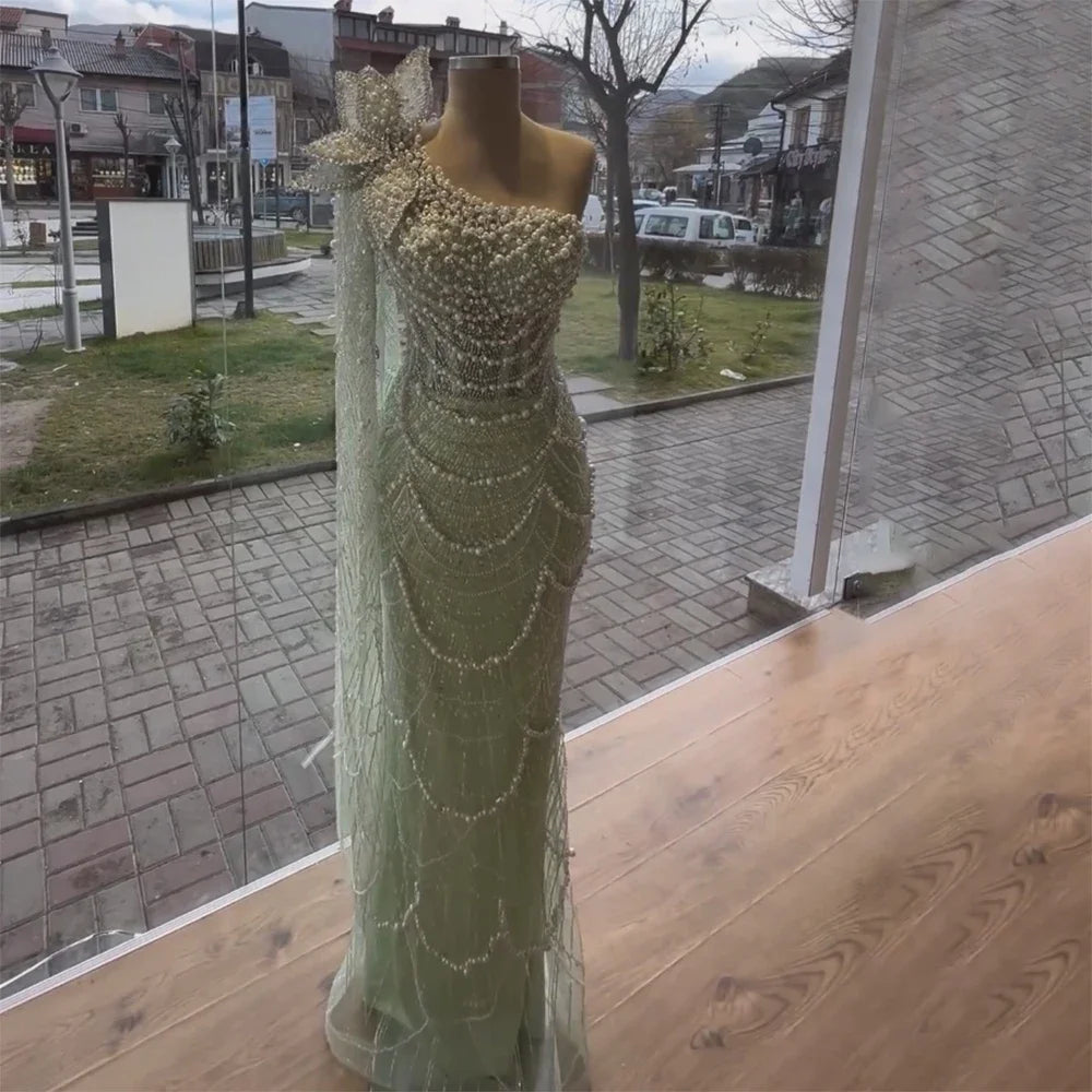 Elegant Sage Green Mermaid One-Shoulder Pearl Embellished Evening Gown for Women - Dubai Arabic Wedding Party Dress LA72511 | Perfect for Bridal Showers, Galas, and Formal Events
