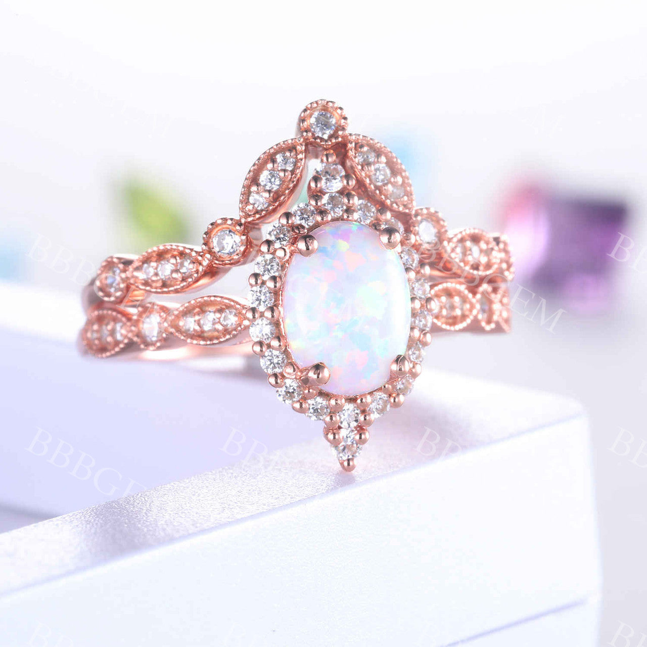 Vintage Oval White Opal Engagement Ring Set with Marquise Chevron Wedding Band & Halo Diamonds - Perfect for Proposals, Anniversaries & Bridal Jewelry Gifts