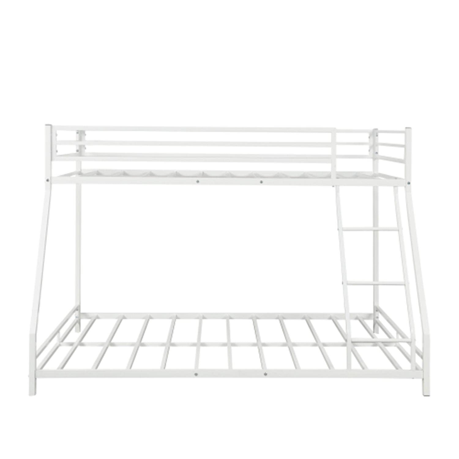 White Metal Twin Over Full Bunk Bed Frame with Sloping Ladder & Safety Guardrails - Sturdy Space-Saving Bunk Bed for Kids, Teens, Guest Rooms & Small Spaces