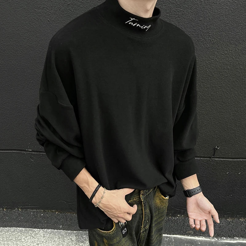 Men's Mock Neck Long Sleeve T-Shirt - Thick Letter Embroidery, Contrast Color Slim Fit Tee for Winter 2024 | Casual Wear, Office Outfits & Street Style Fashion