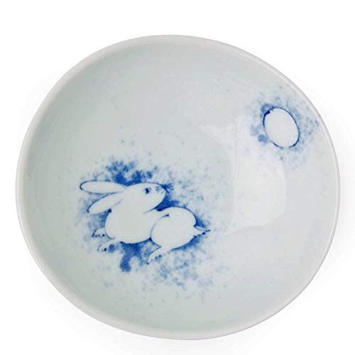 4-Piece Blue and White Japanese Moon Rabbit Ceramic Sauce Dishes Set - Perfect for Sushi, Soy Sauce, Dipping & Asian Dining Decor