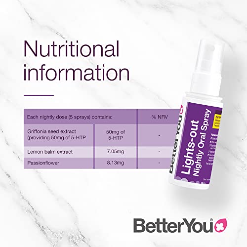 BetterYou Lights Out 5HTP 50mg Nighttime Sleep Support Oral Spray - Promotes Relaxation & Restful Sleep for Adults - Perfect for Stress Relief & Natural Sleep Aid
