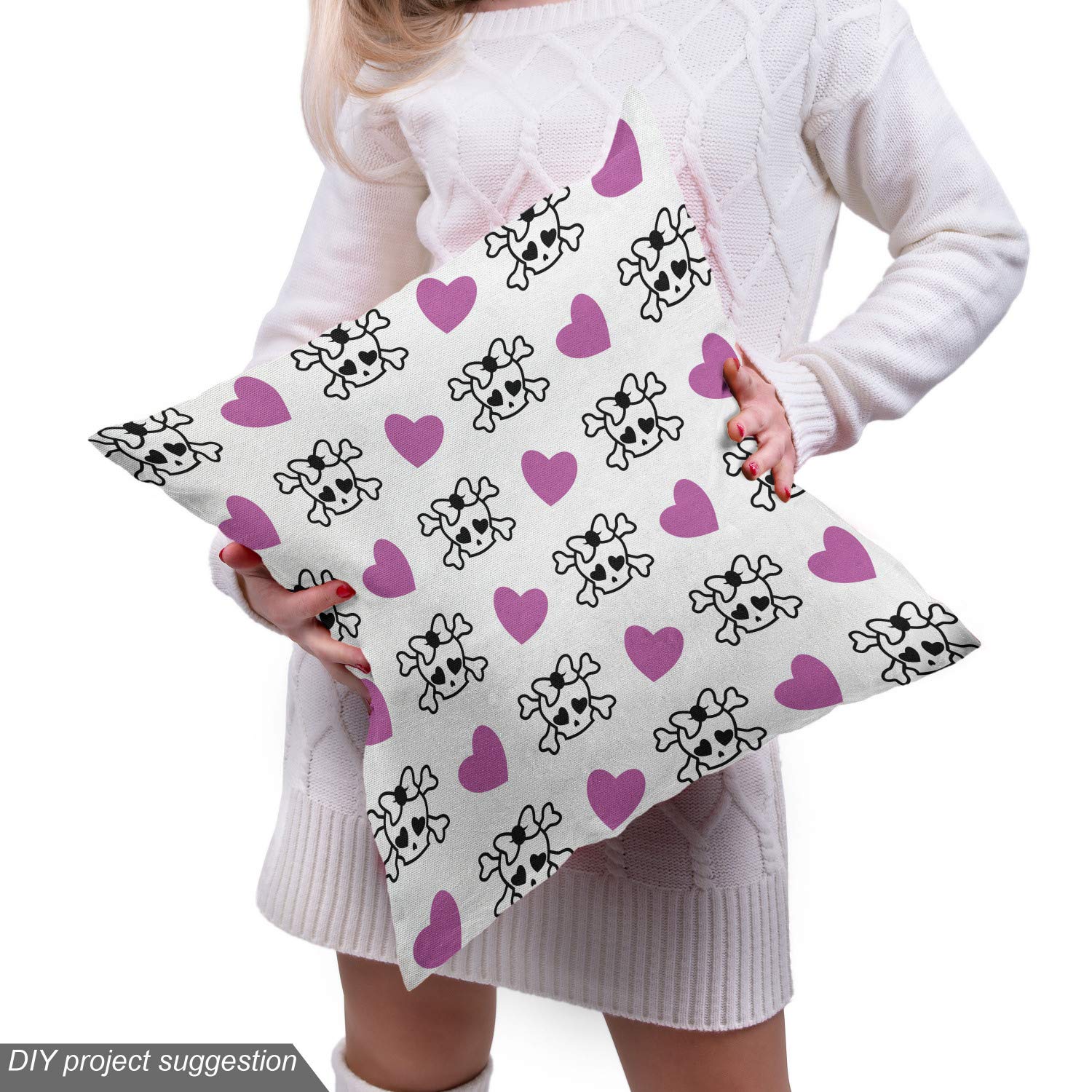 Ambesonne Teen Fabric by The Yard - Funky Girlish Emo Skull with Bowknots, Bones & Hearts Pattern - 1 Yard Violet Black White Decorative Fabric for Upholstery, DIY Crafts, Bedding & Home Decor