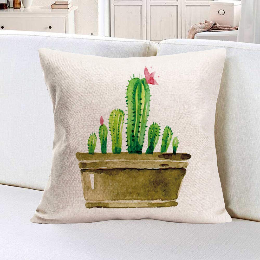 Xihomeli 18x18 Inch Cactus Throw Pillow Cover - Green Cartoon Succulent Hand-Painted Cotton Linen Cushion Case with Red Flowers for Sofa, Bed, Living Room Decor (Cactus 01)