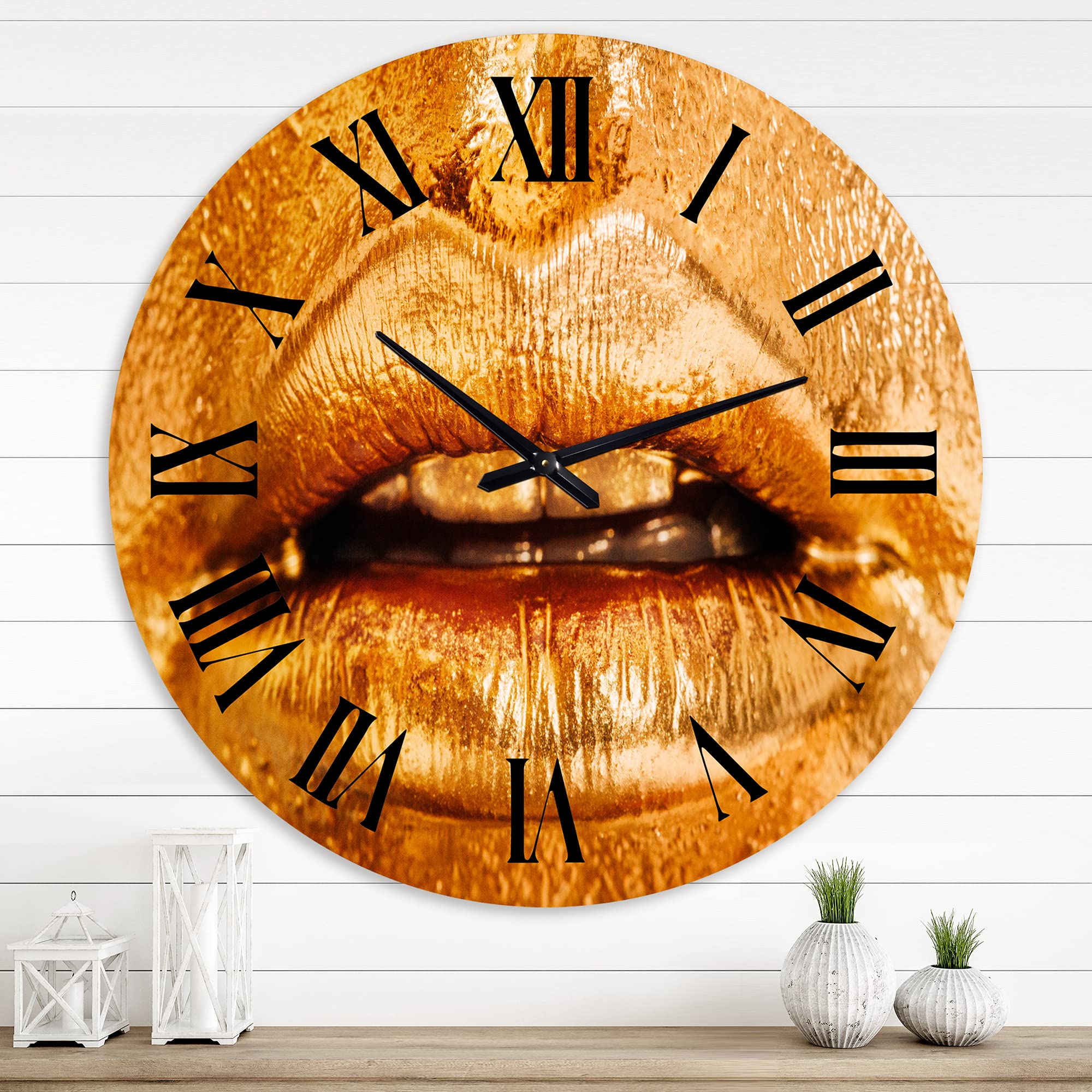 DesignQ Modern Wall Clock - Close Up of Woman Lips with Bright Golden Makeup - Large Decorative Wall Clock for Bedroom, Living Room, Office - Perfect Home Decor & Unique Gift Idea