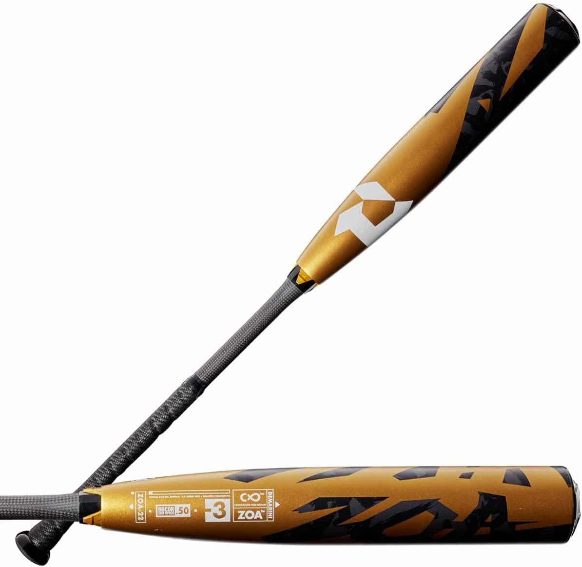 DeMarini 2022 Zoa (-3) BBCOR Baseball Bat - Gold & Black | High Performance Youth & College Baseball Equipment for Games & Training