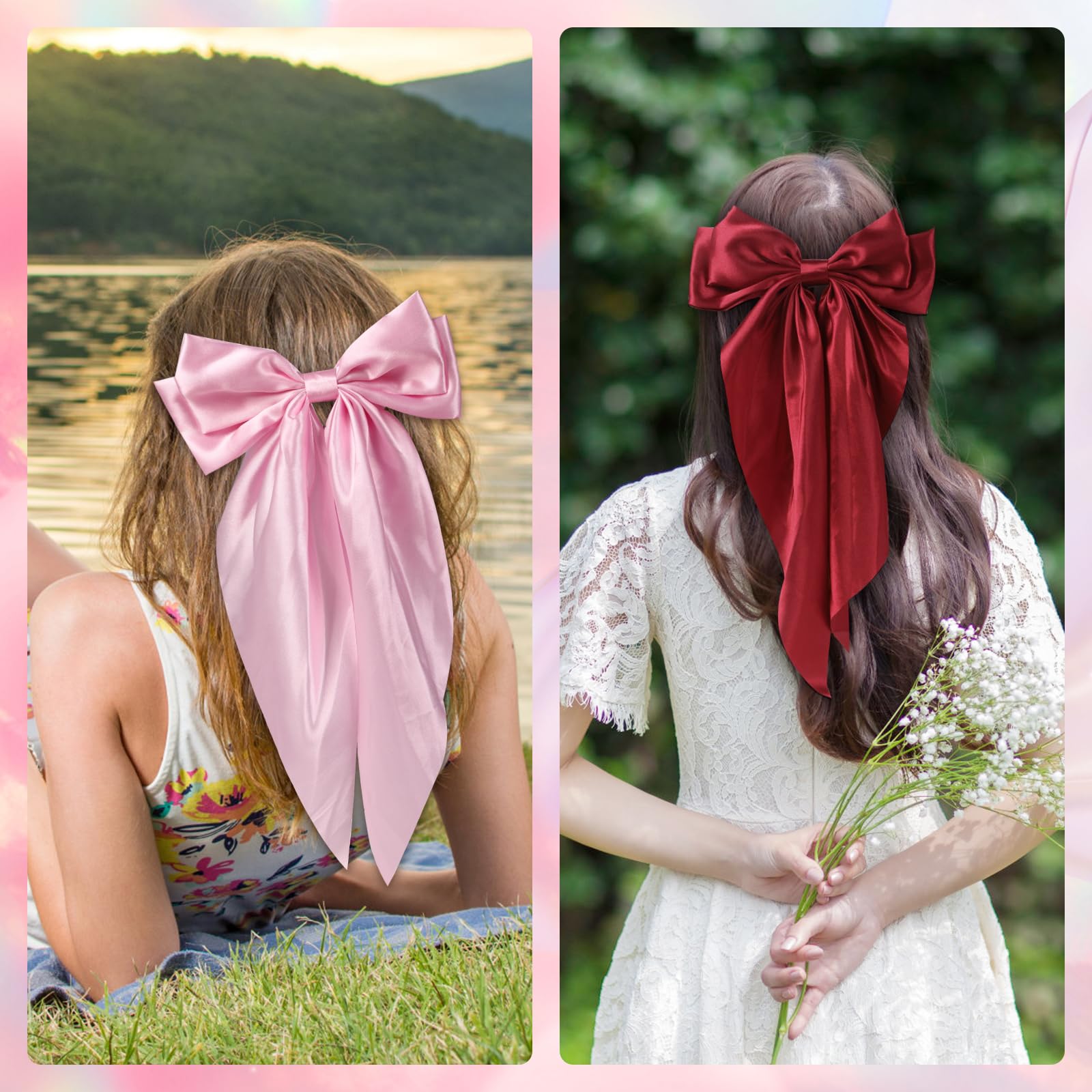 6PCS Large Hair Bows Clips for Women - Long Tail Soft Ribbon Silky Satin Barrettes Hair Accessories (6 Colors) | Perfect for Weddings, Parties, Daily Styling & Gifts