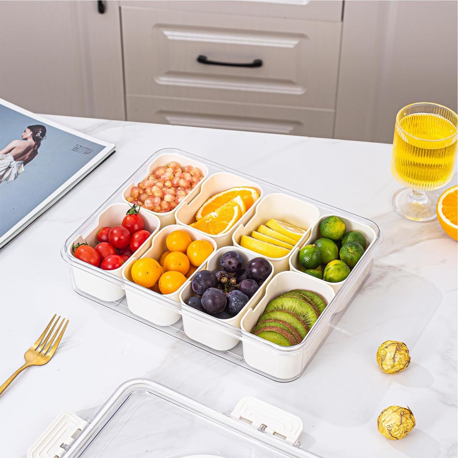 8-Compartment Divided Serving Tray with Lid & Handle - Snackle Box Container for Candy, Veggies & Fruits - Perfect for Fridge Storage, Party Entertaining, Picnics & Outdoor Gatherings - BPA-Free Food Organizer