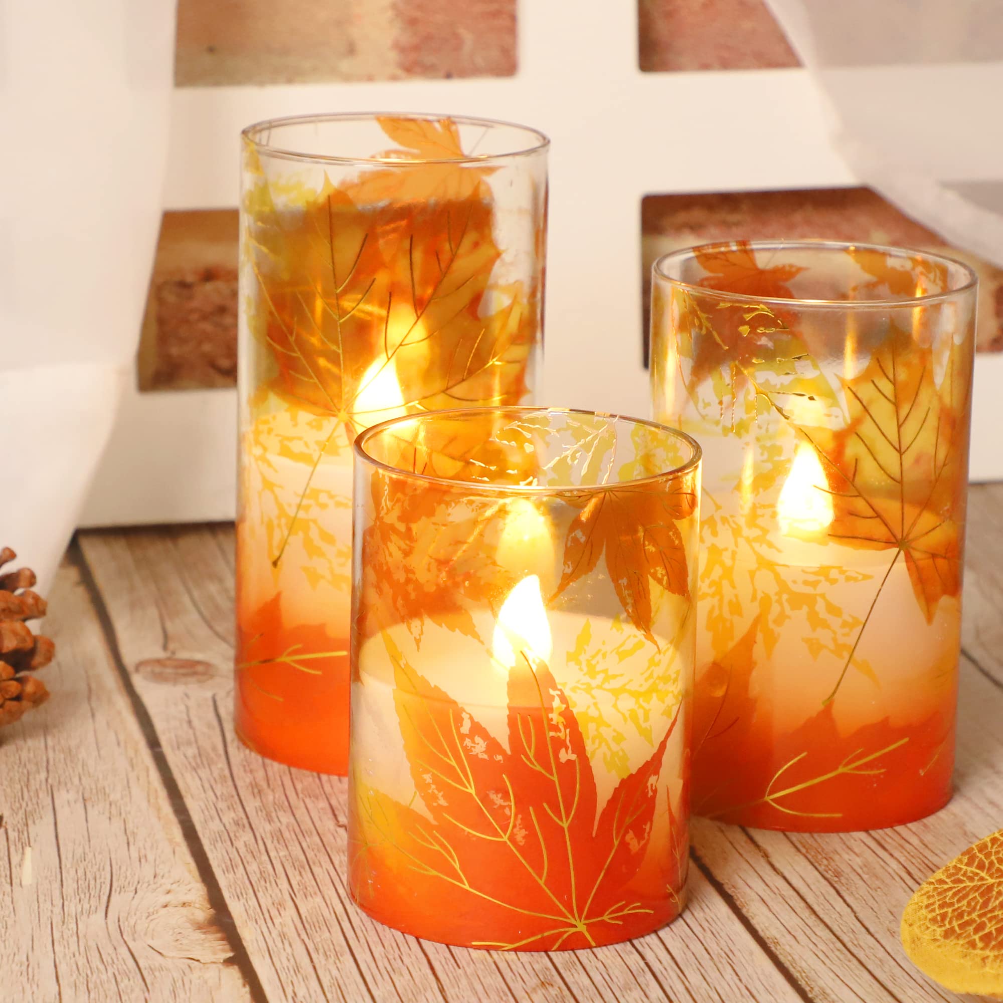 Realistic Flameless LED Candles with Remote & Timer - Battery Operated Thanksgiving Decor, Gold-Red Maple Leaf Wax Candles for Bedroom, Home, Table Centerpiece | Perfect for Holiday Gifts, Romantic Dinners & Cozy Ambiance